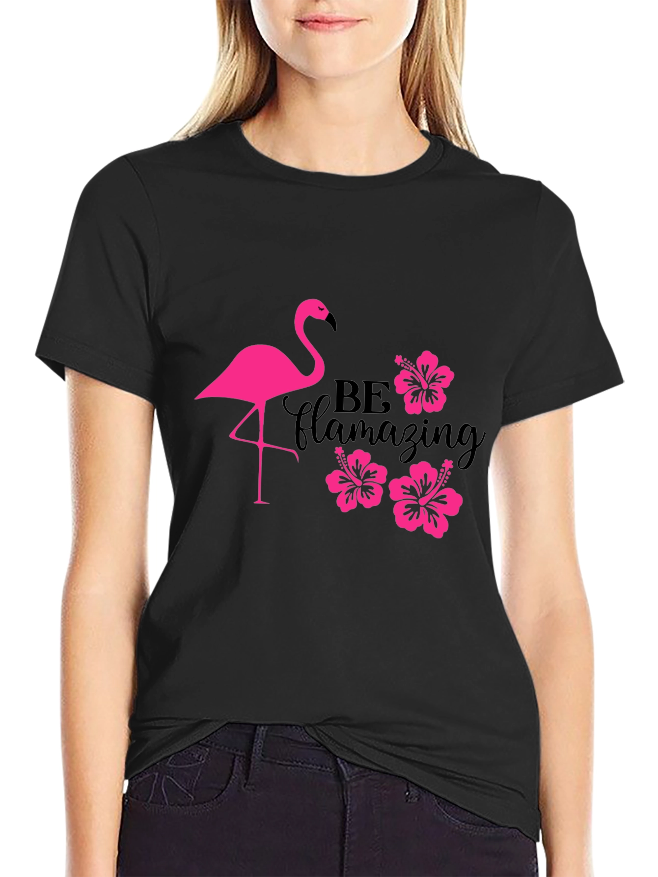 Flamingo Hibiscus T-Shirt - Be Flamazing Black Tee