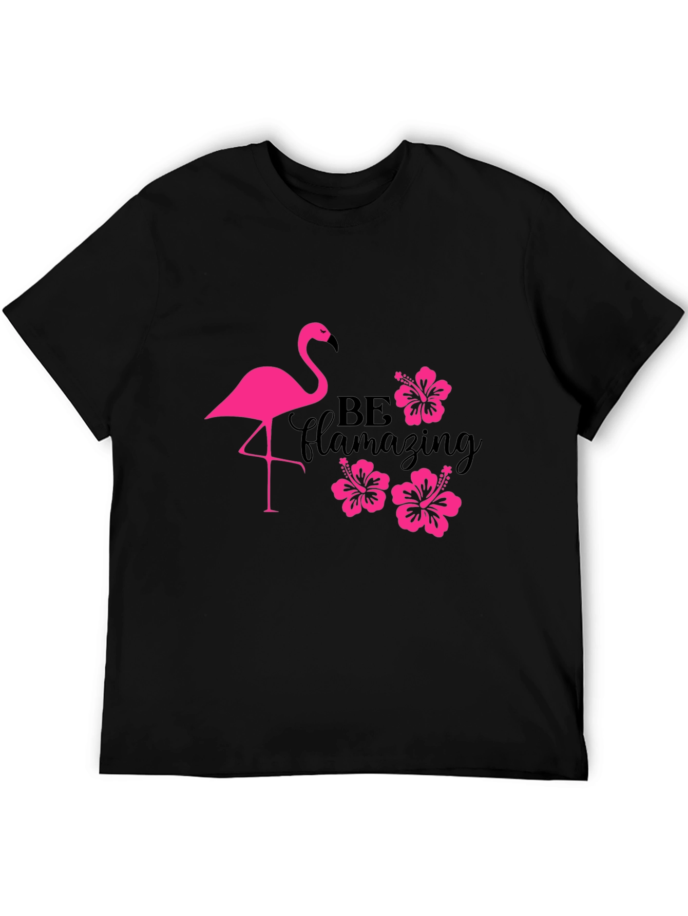 Flamingo Hibiscus T-Shirt - Be Flamazing Black Tee