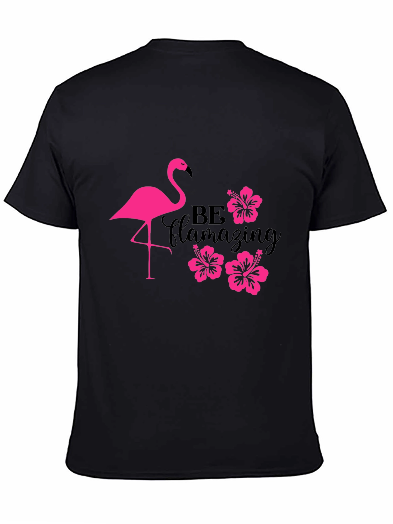 Flamingo Hibiscus T-Shirt - Be Flamazing Black Tee