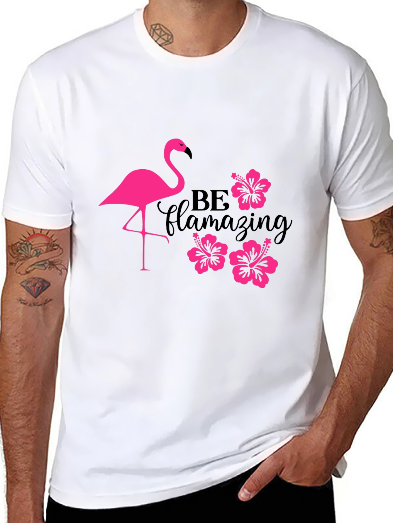 Flamingo Hibiscus T-Shirt - Be Flamazing Black Tee