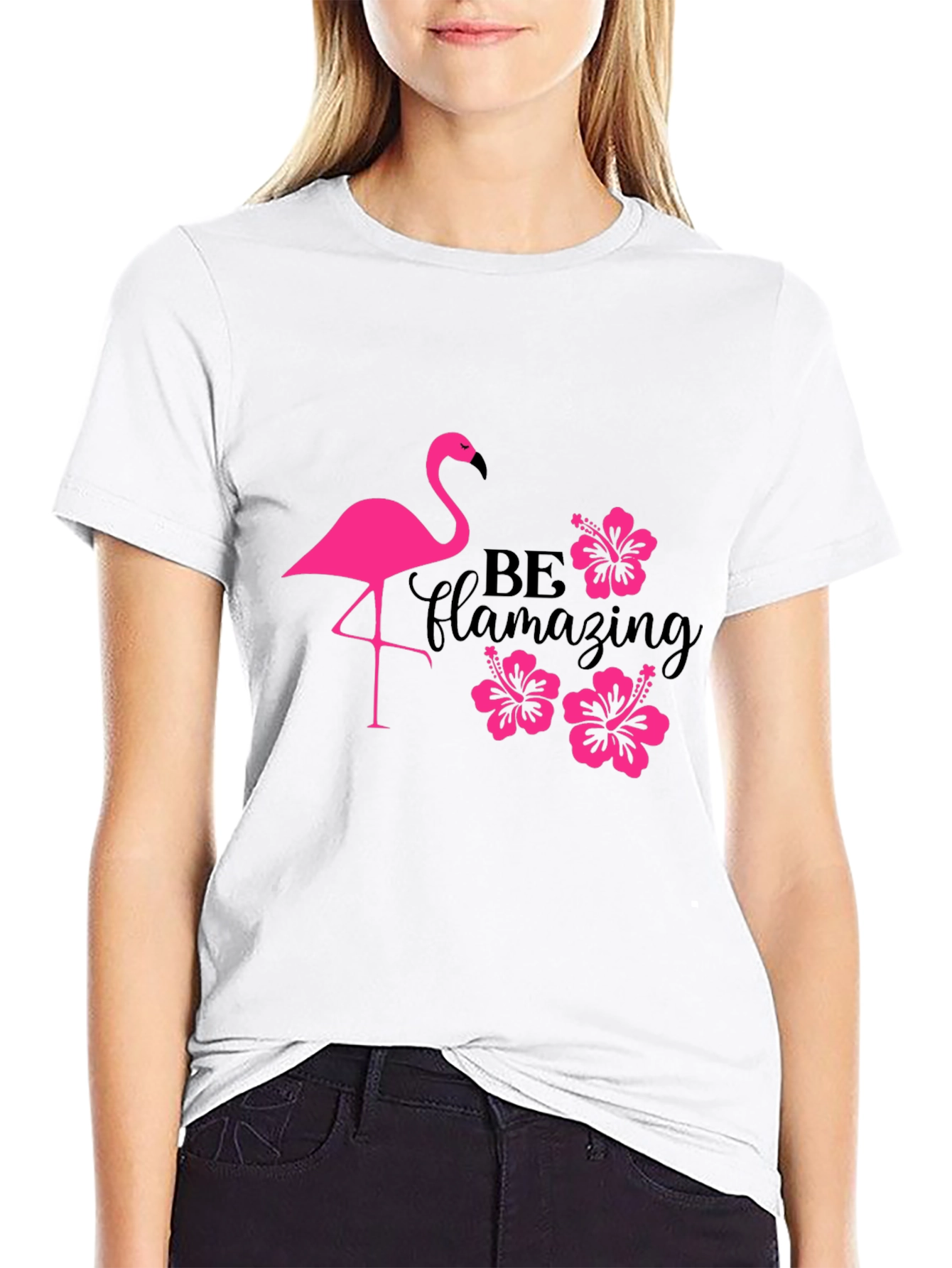 Flamingo Hibiscus T-Shirt - Be Flamazing Black Tee