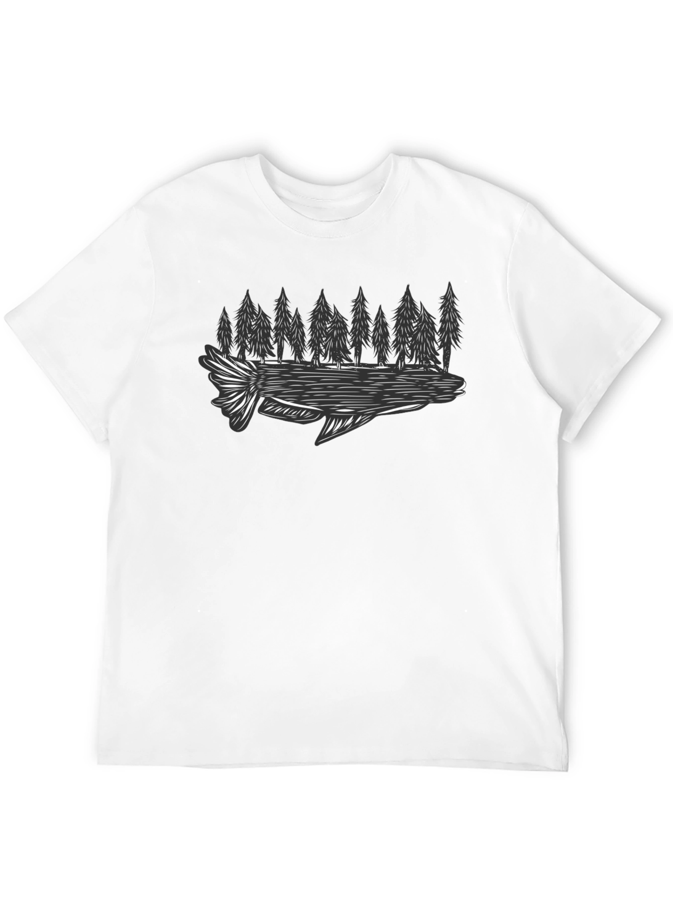 Black T-Shirt with Fish and Forest Graphic
