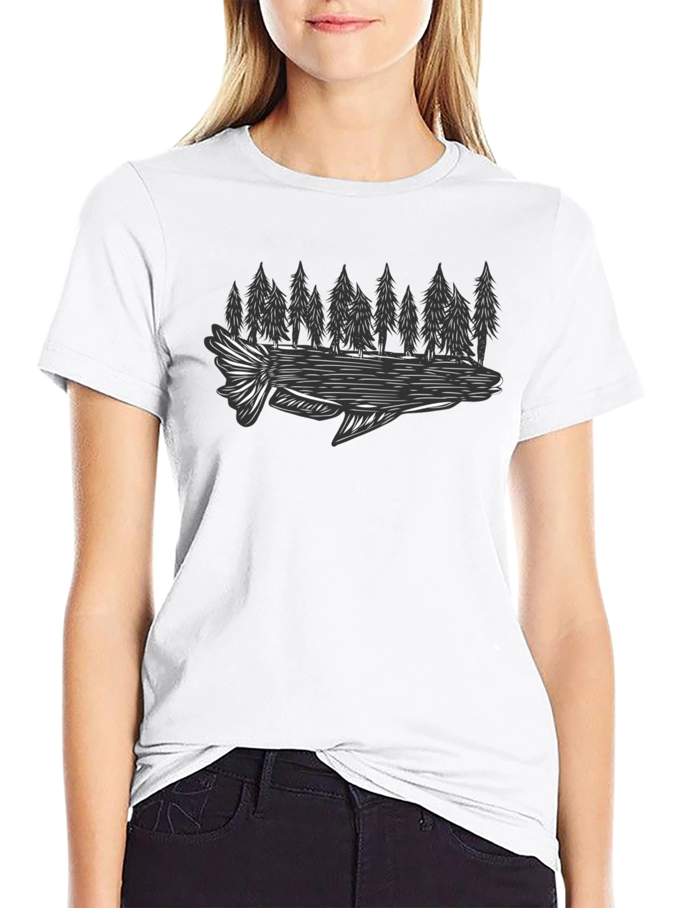 Black T-Shirt with Fish and Forest Graphic