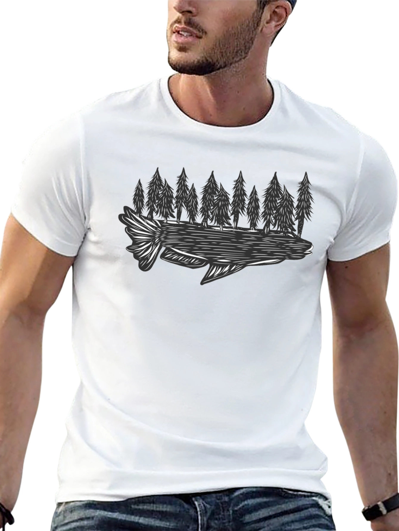 Black T-Shirt with Fish and Forest Graphic