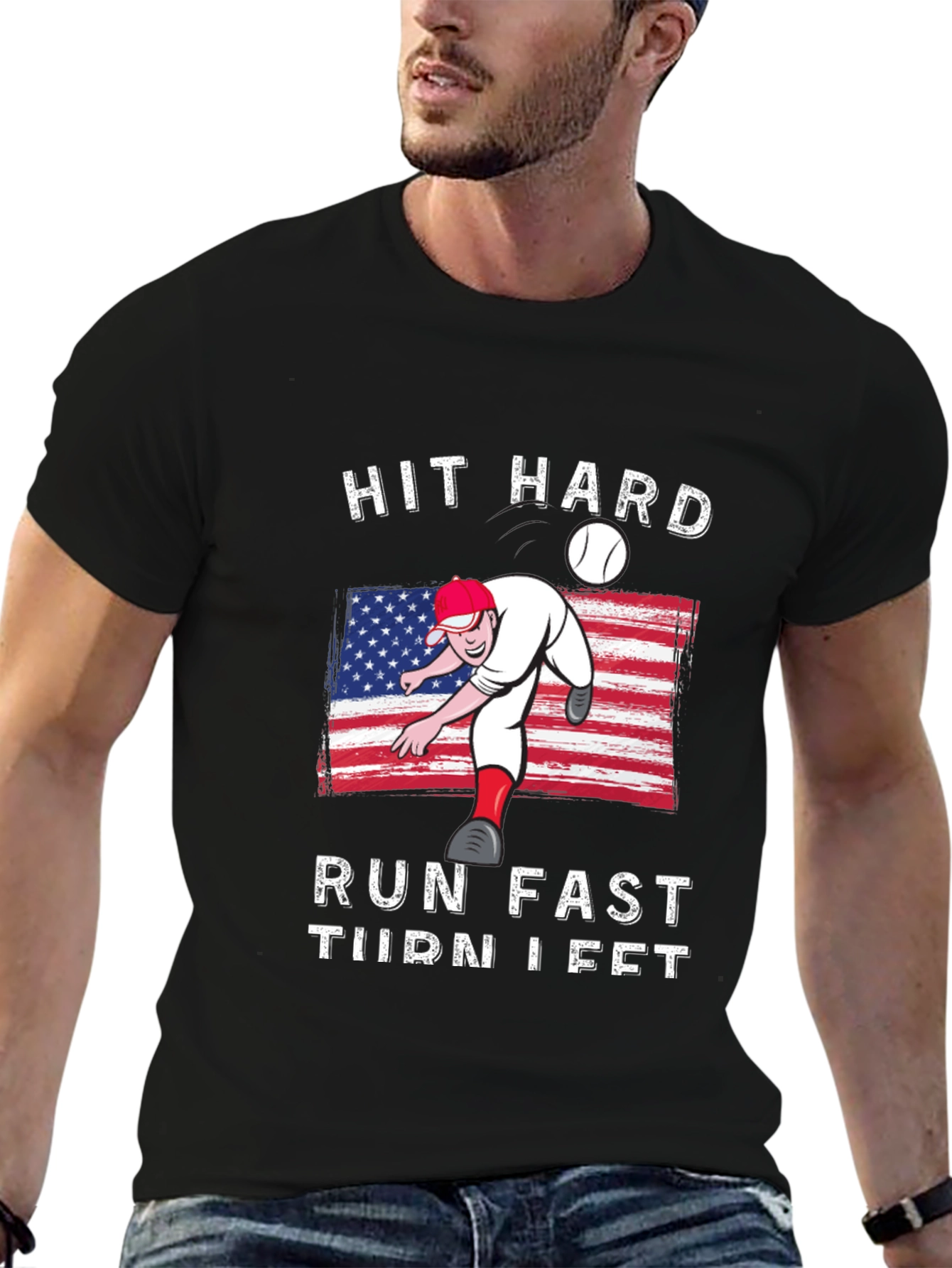 Hit Hard Run Fast Turn Left Baseball Graphic Tee