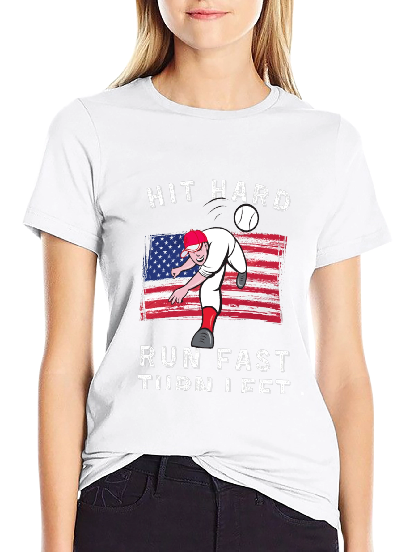 Hit Hard Run Fast Turn Left Baseball Graphic Tee