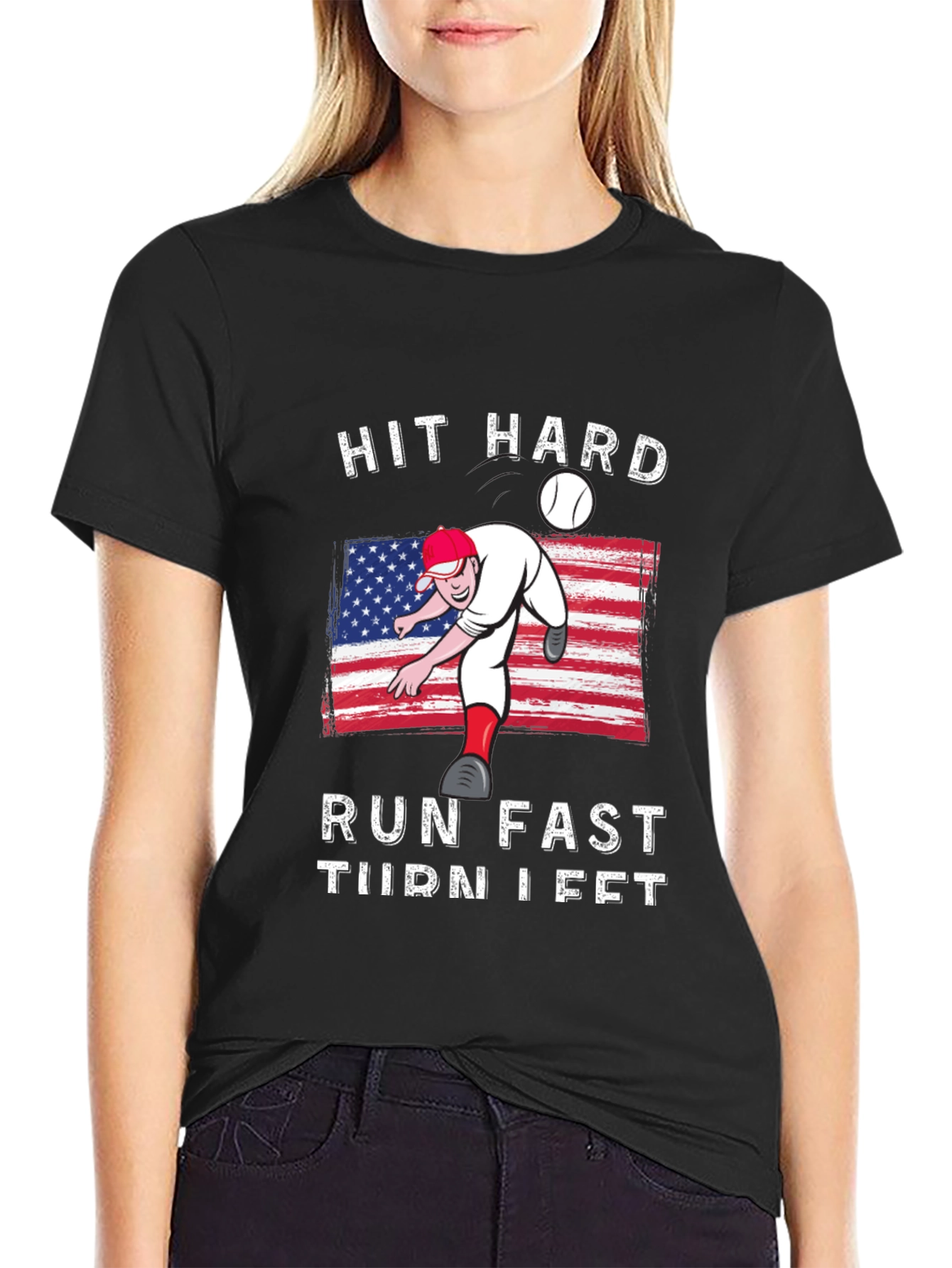 Hit Hard Run Fast Turn Left Baseball Graphic Tee