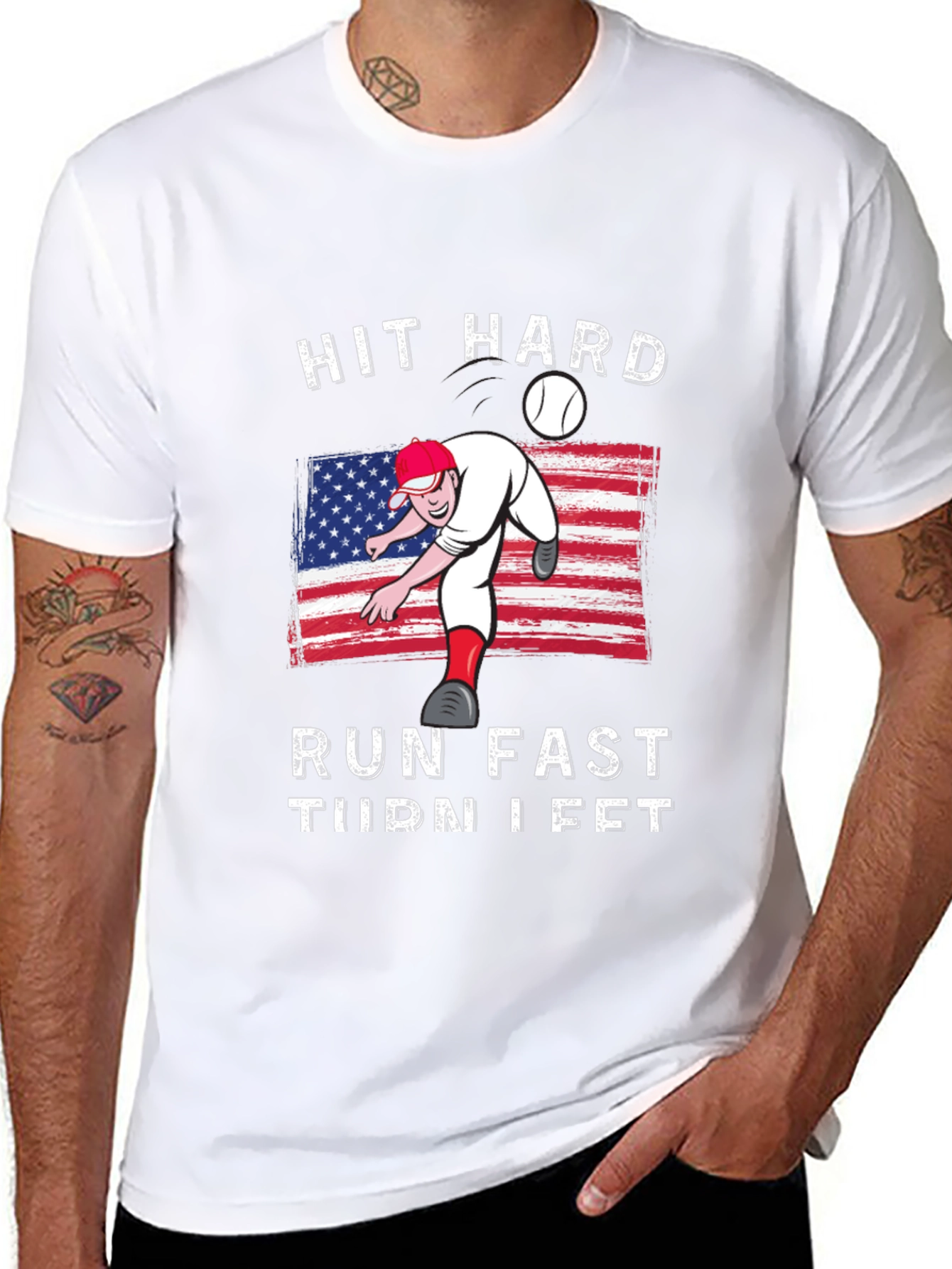 Hit Hard Run Fast Turn Left Baseball Graphic Tee