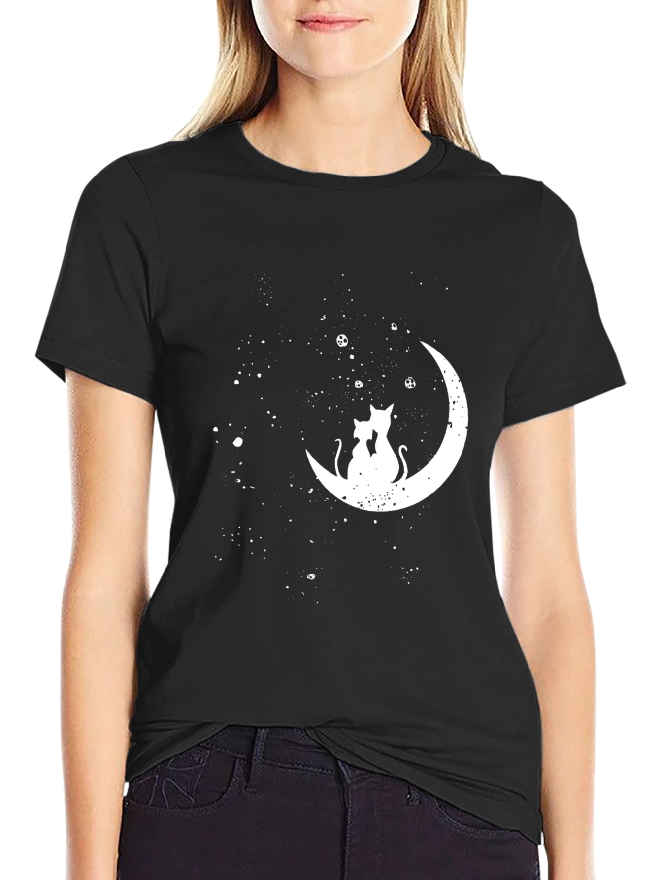 Cats on the Moon T-Shirt - Black Crew Neck