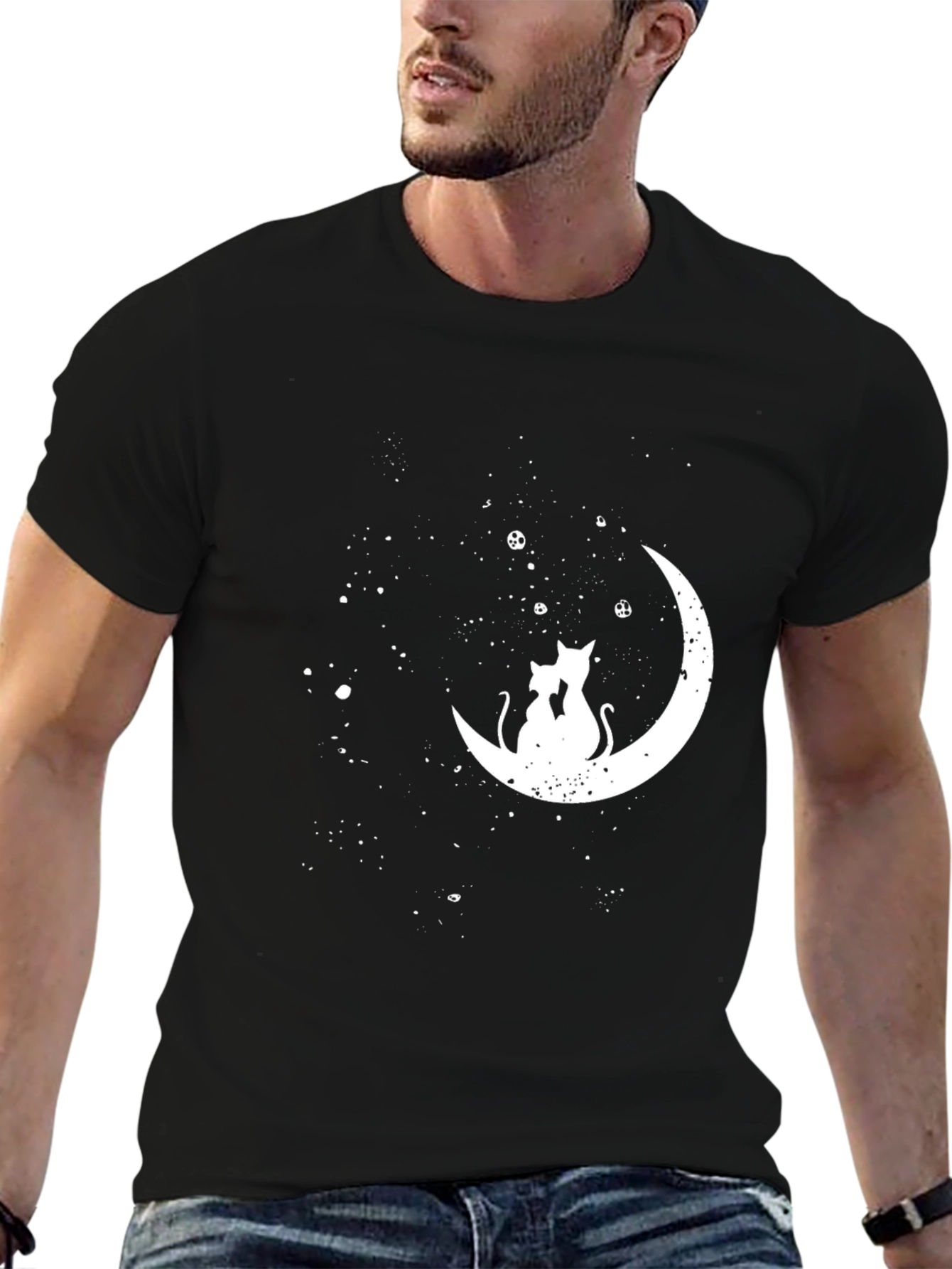 Cats on the Moon T-Shirt - Black Crew Neck