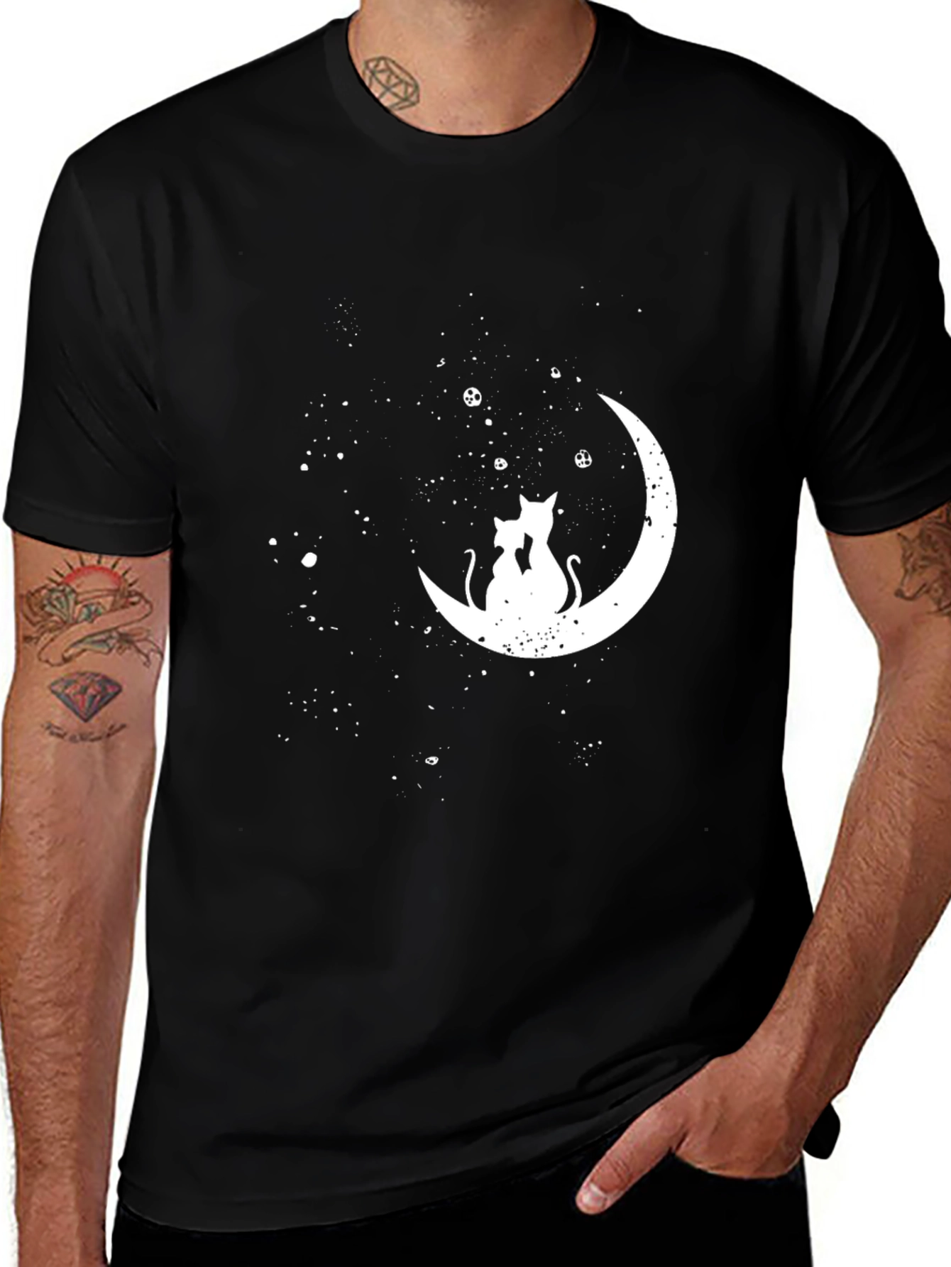 Cats on the Moon T-Shirt - Black Crew Neck