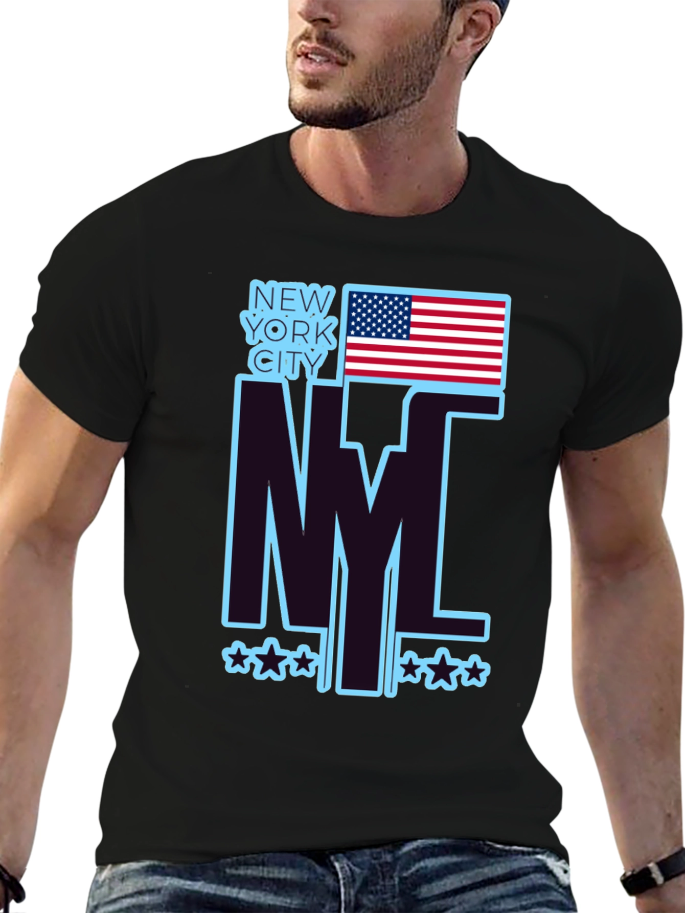 NYC USA Flag Graphic Tee - Black Casual T-Shirt