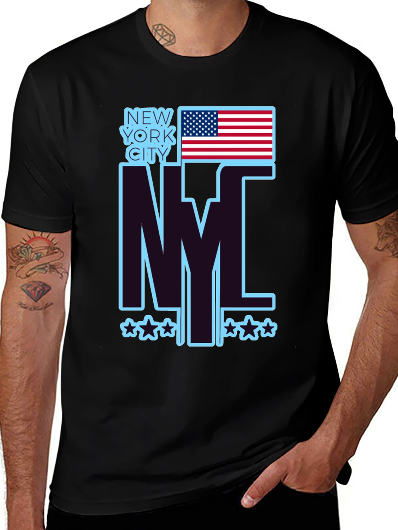 NYC USA Flag Graphic Tee - Black Casual T-Shirt