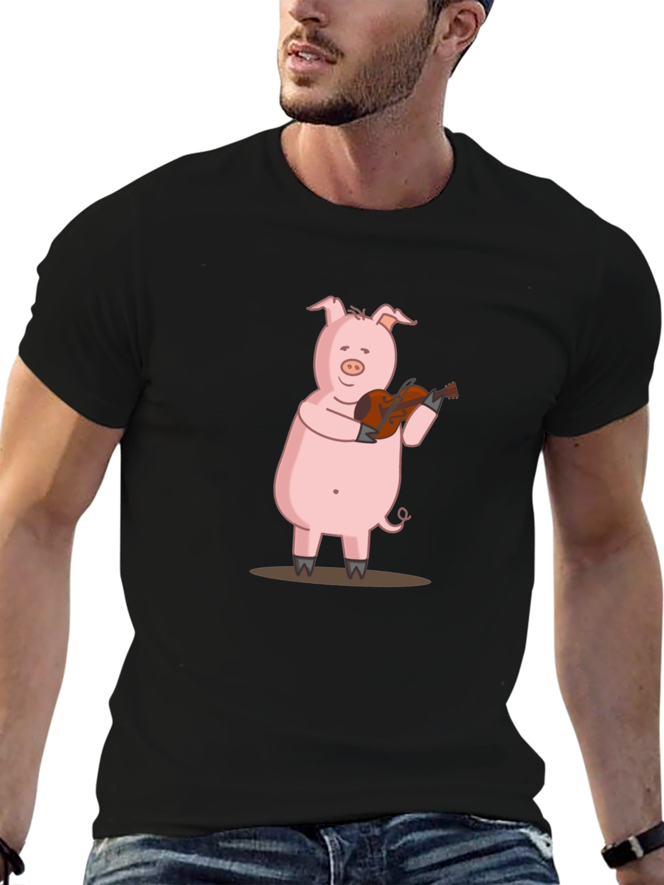 Pig Playing Guitar Graphic Tee - Black