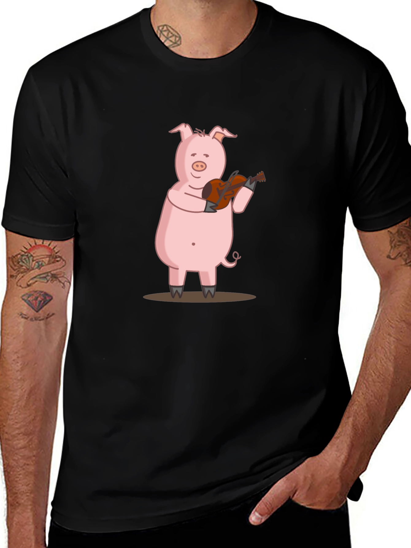 Pig Playing Guitar Graphic Tee - Black