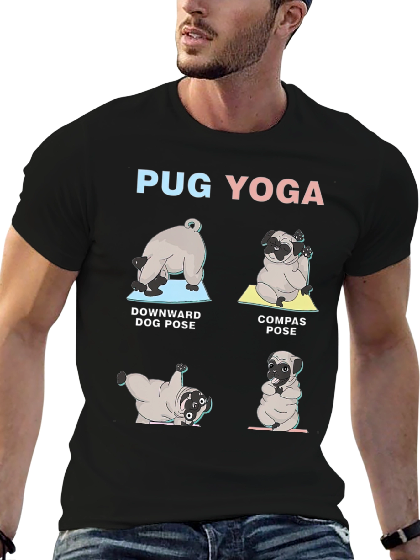 Pug Yoga T-Shirt - Downward Dog Compass Pose