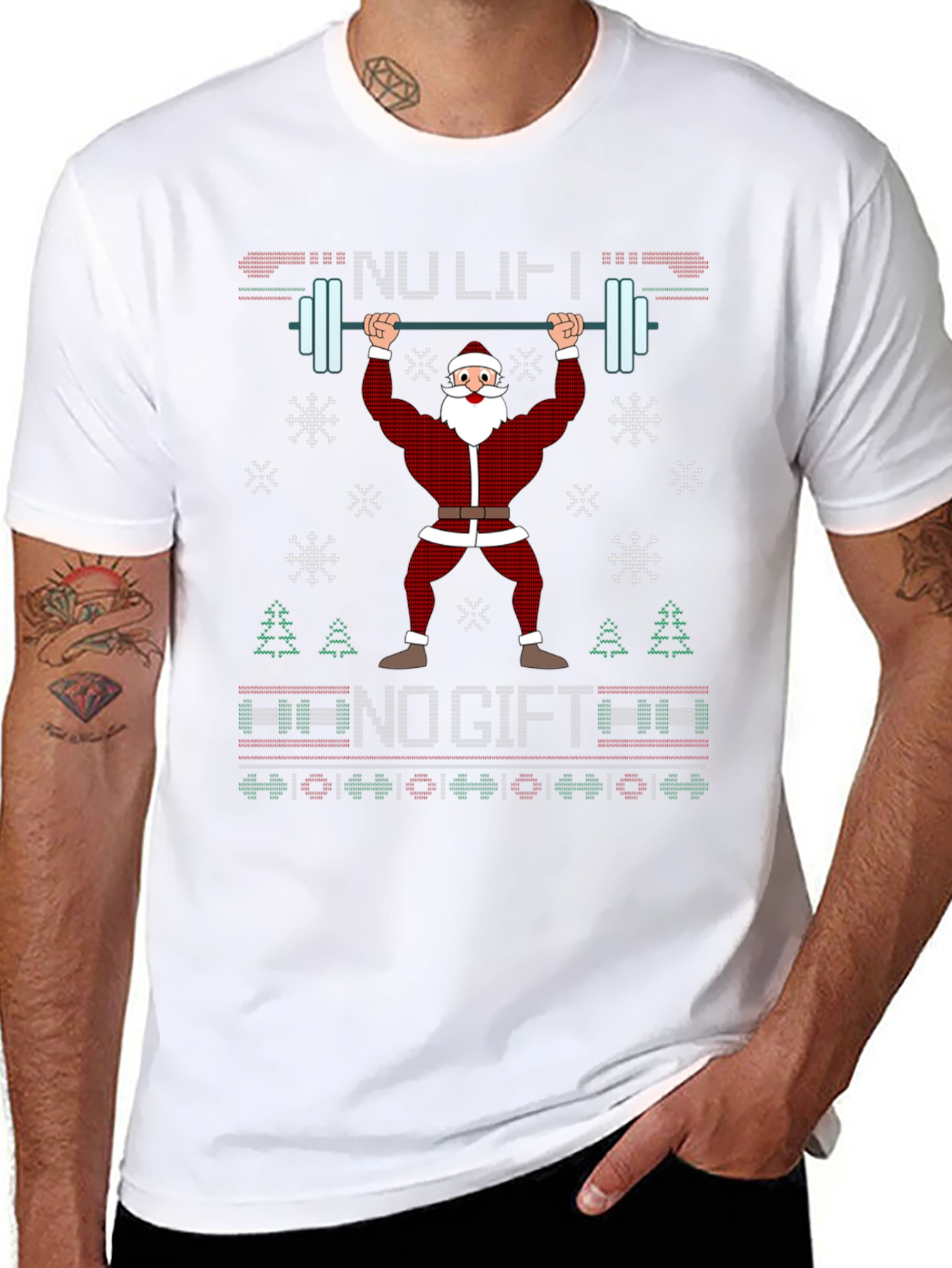 Funny Santa Weightlifting Ugly Christmas Sweater T-Shirt