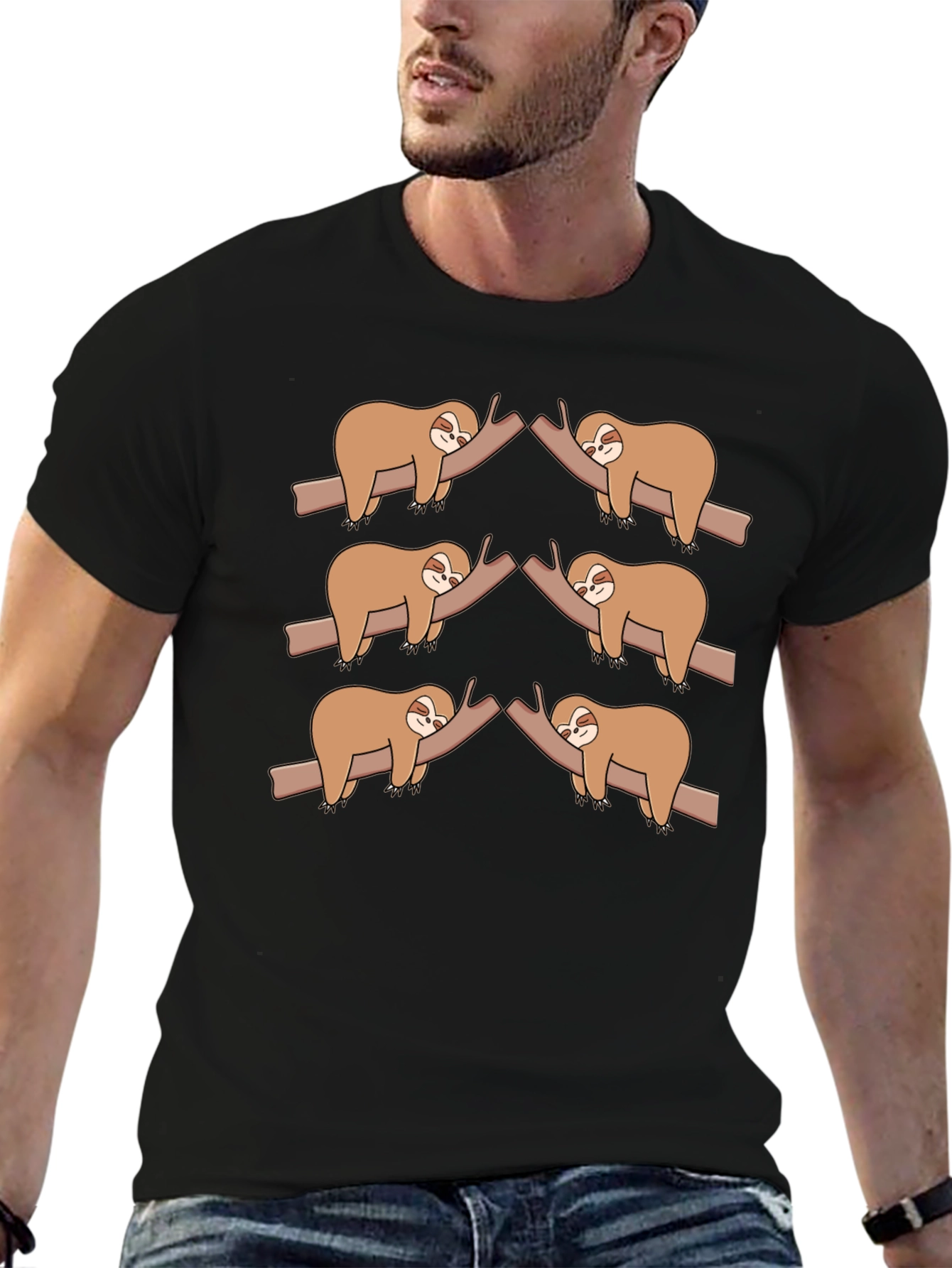 Sloth on Branch Black T-Shirt - Cute Animal Tee