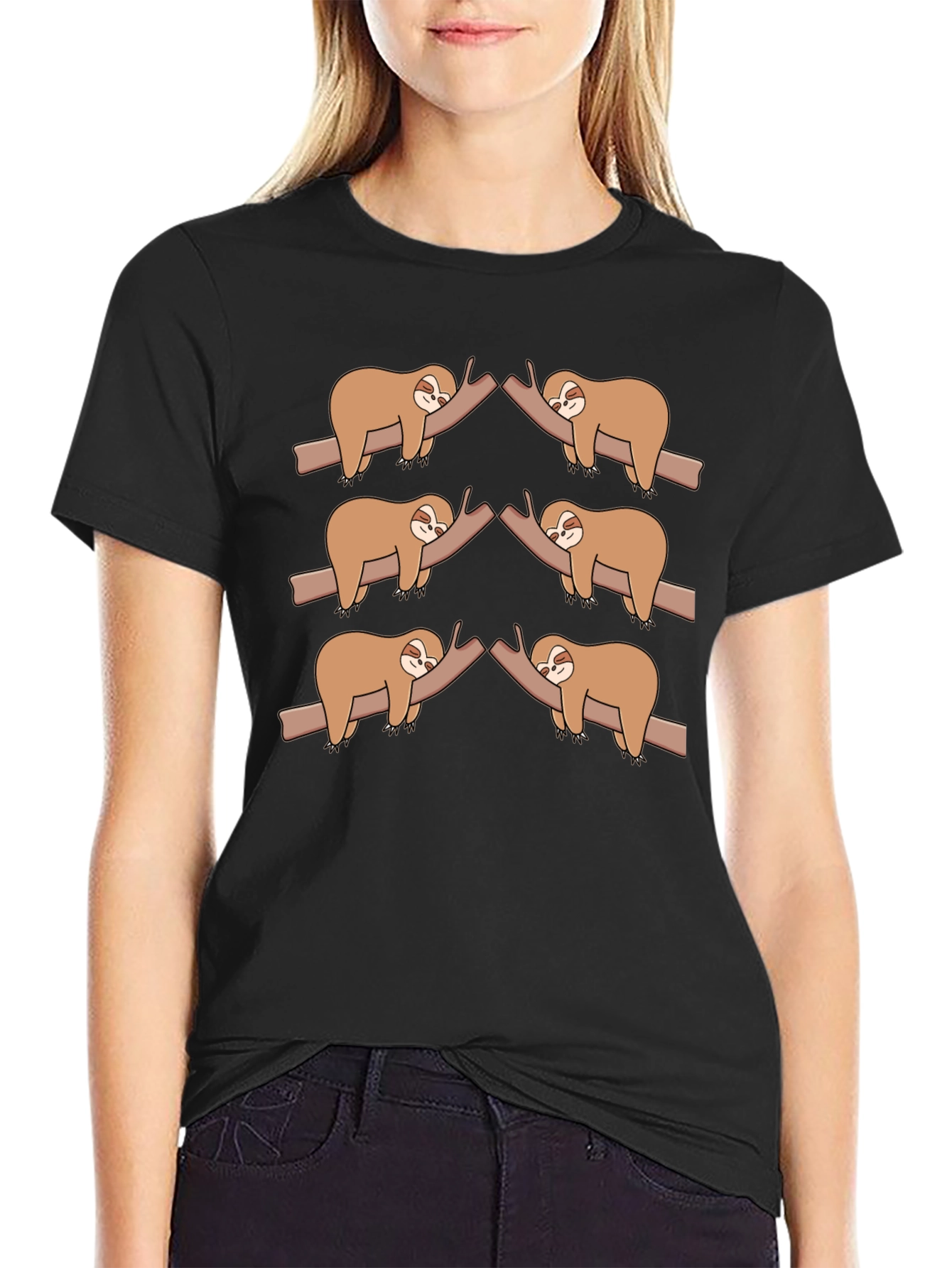 Sloth on Branch Black T-Shirt - Cute Animal Tee