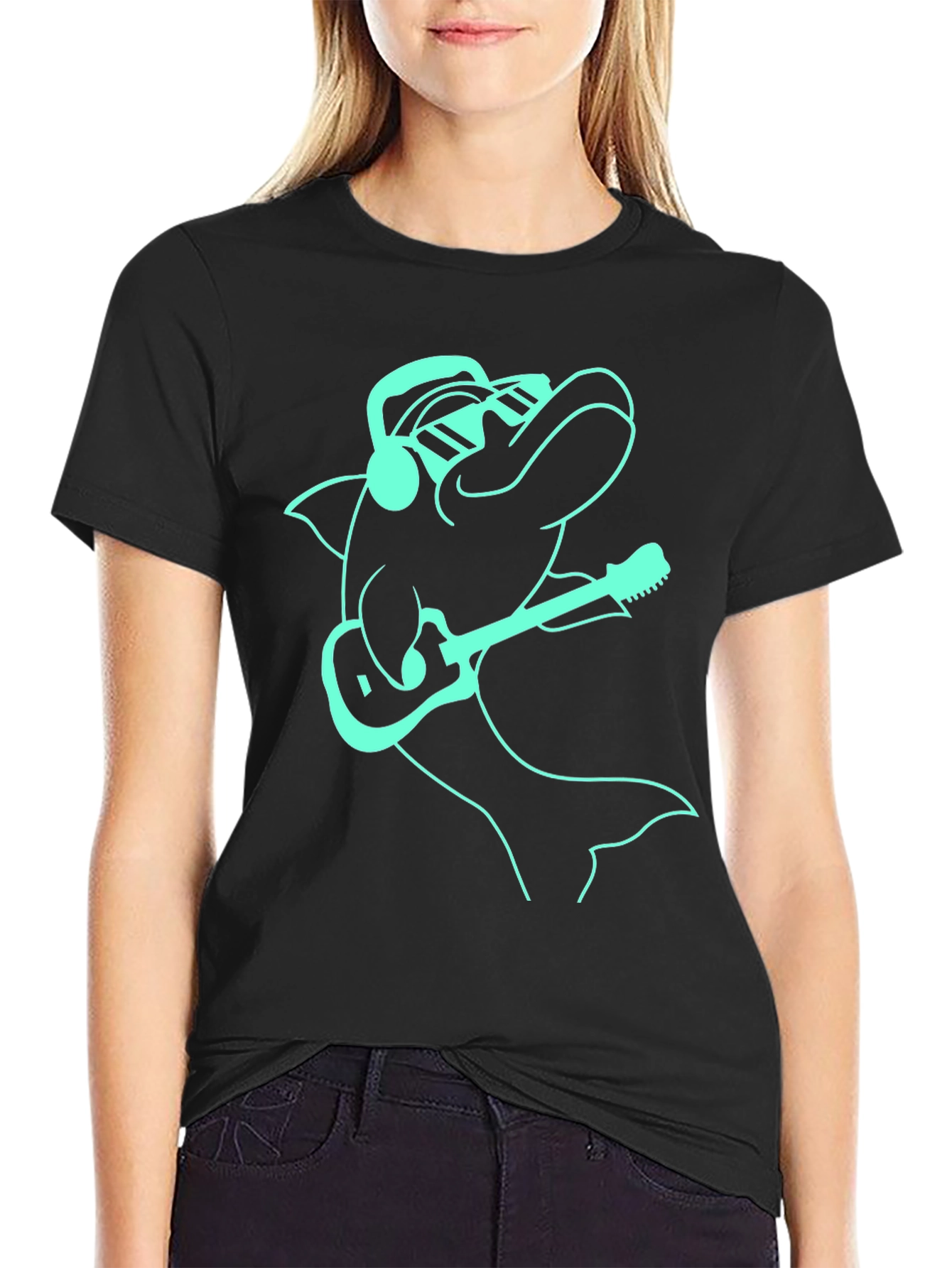 Cool Dolphin Guitarist Graphic Tee - Black