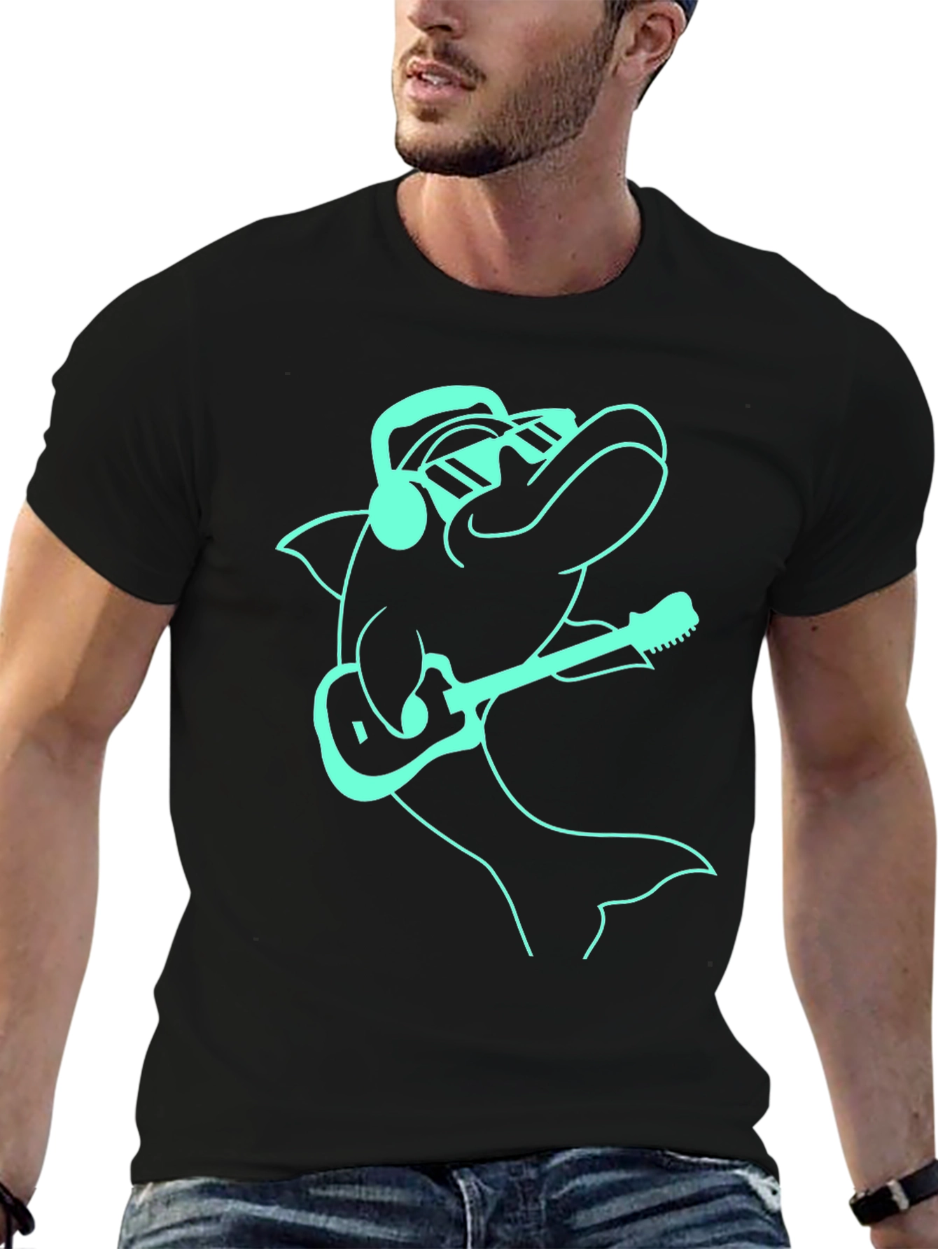 Cool Dolphin Guitarist Graphic Tee - Black
