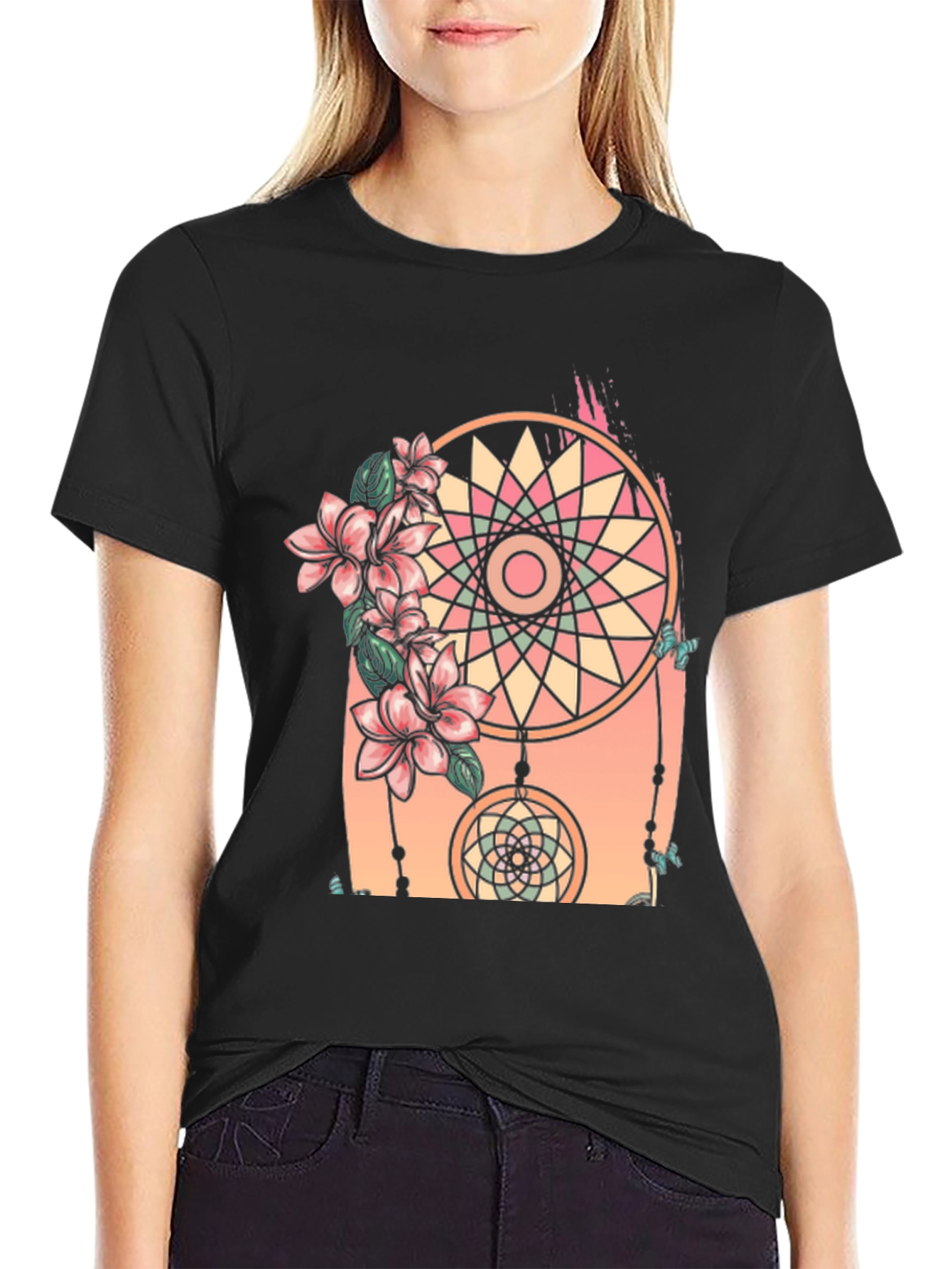 Dreamcatcher Floral Print Black T-Shirt