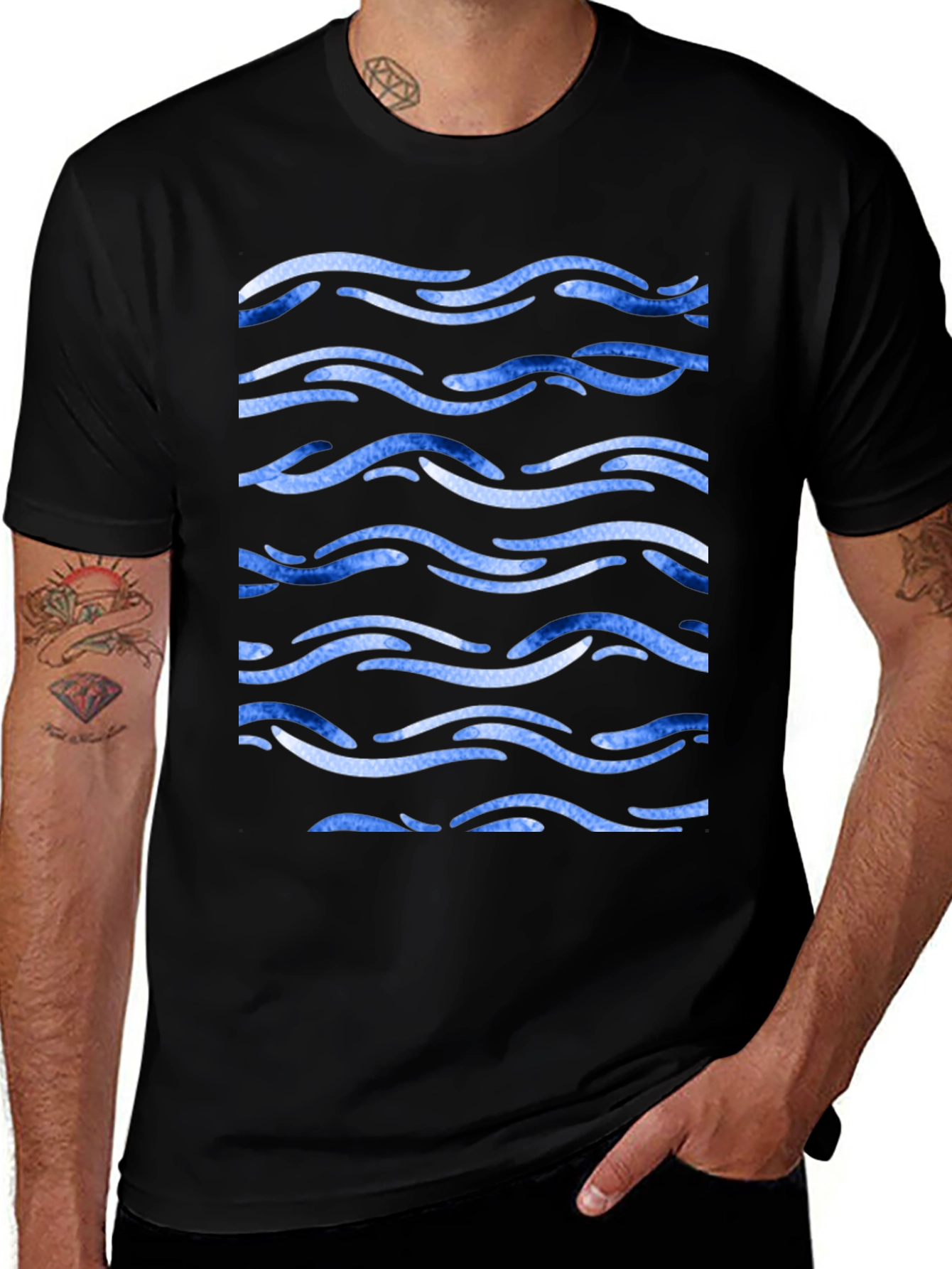 Blue Wave Pattern Black Tee
