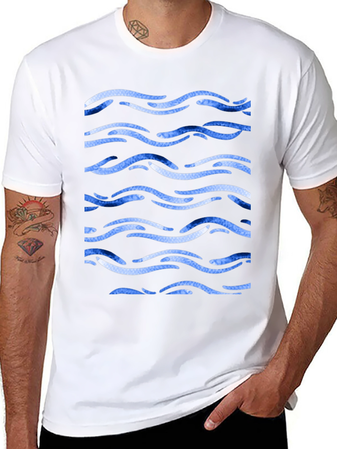 Blue Wave Pattern Black Tee