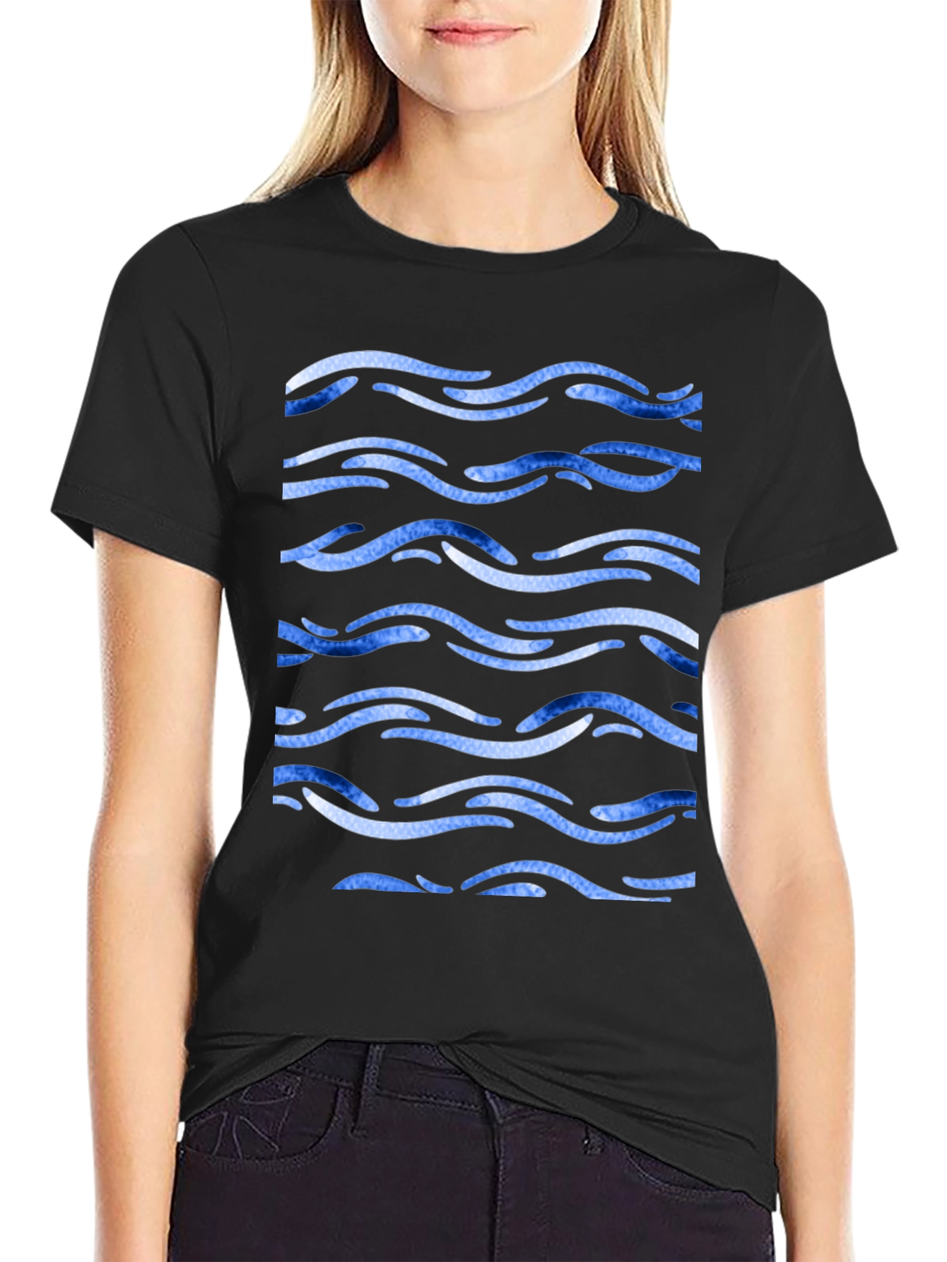 Blue Wave Pattern Black Tee