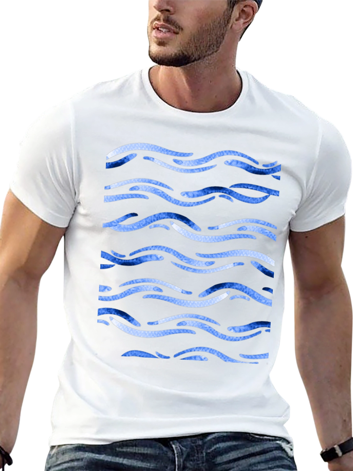 Blue Wave Pattern Black Tee