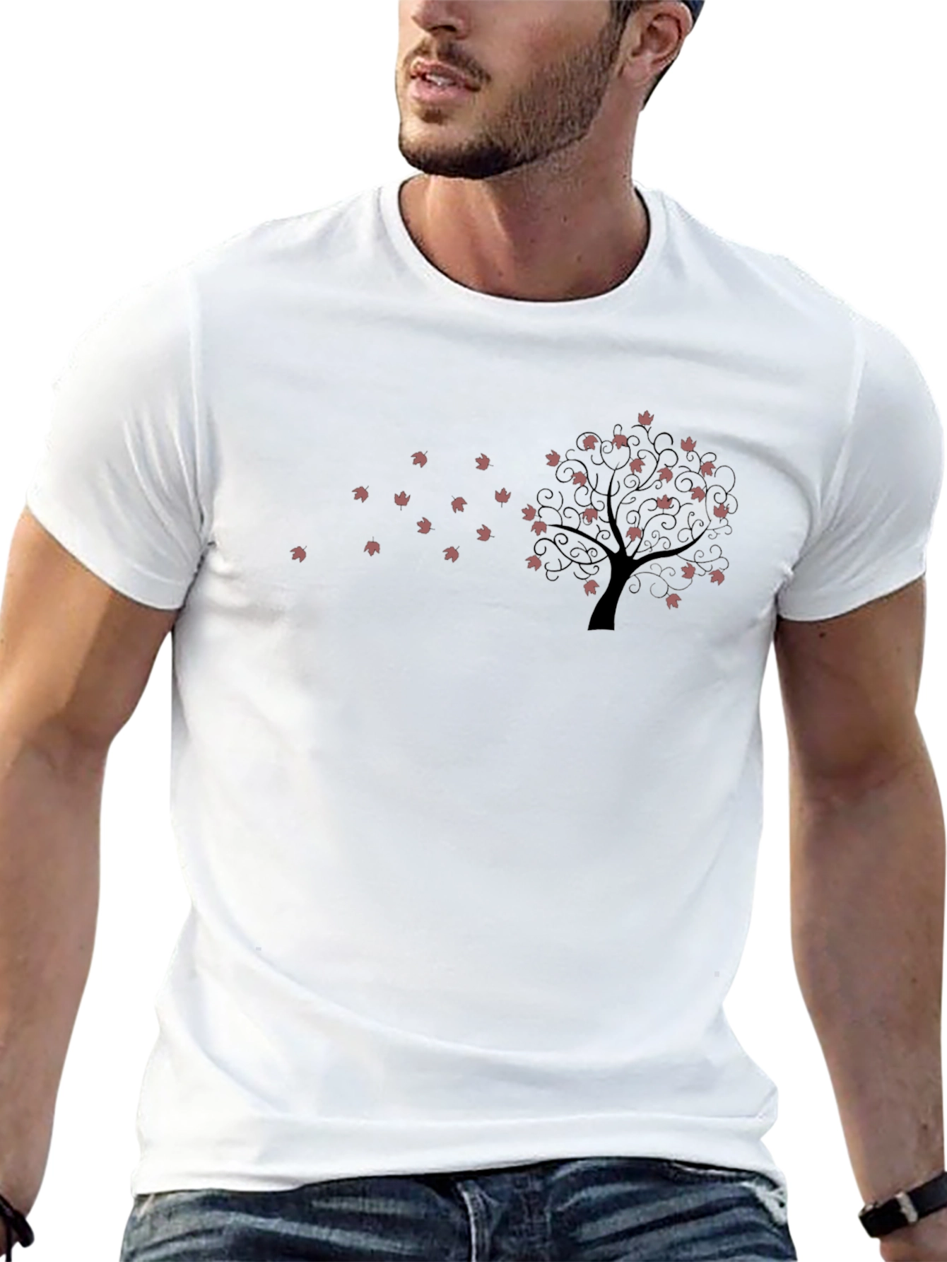 Black Graphic Tee - Falling Leaves Tree Design