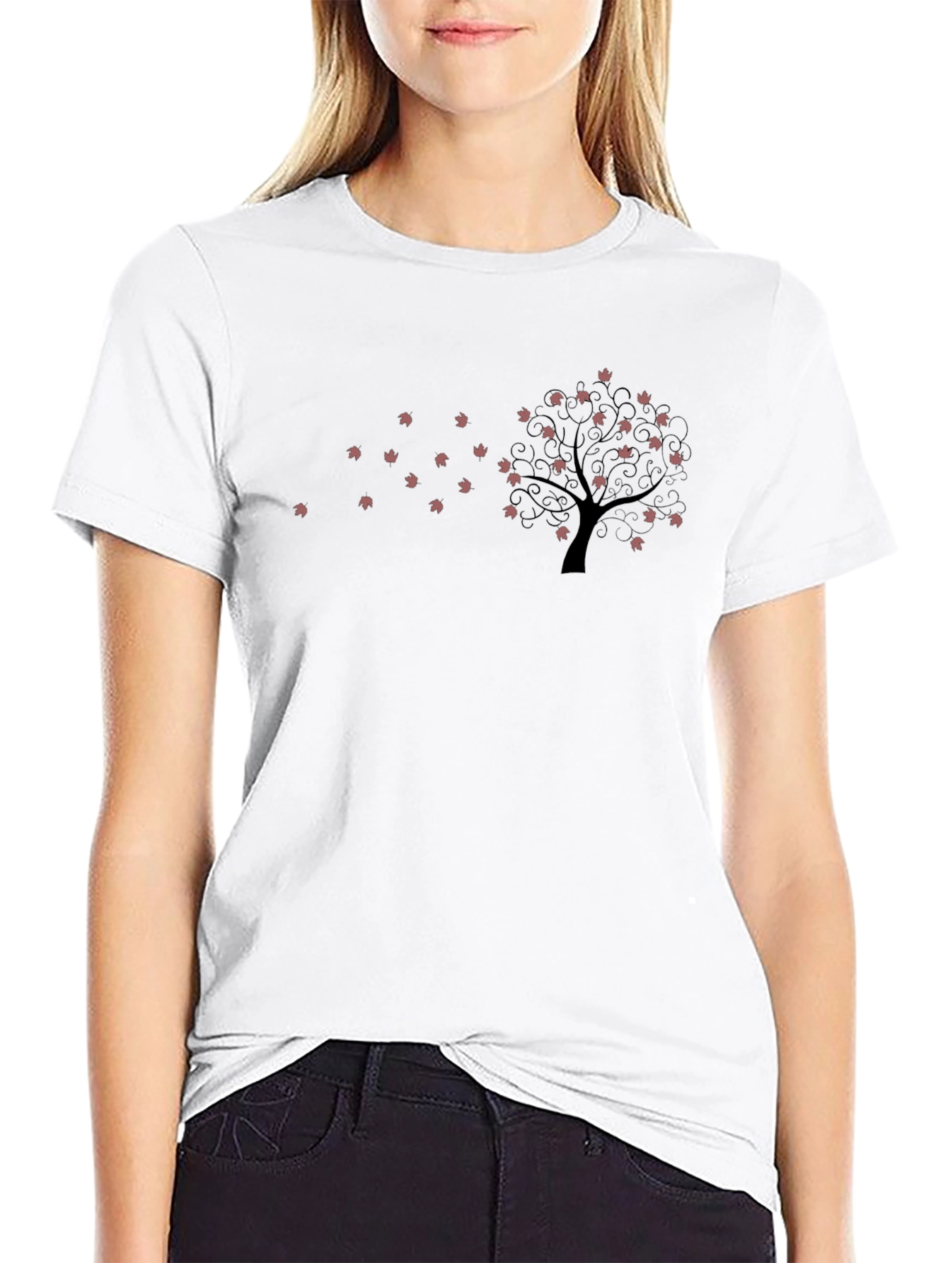 Black Graphic Tee - Falling Leaves Tree Design