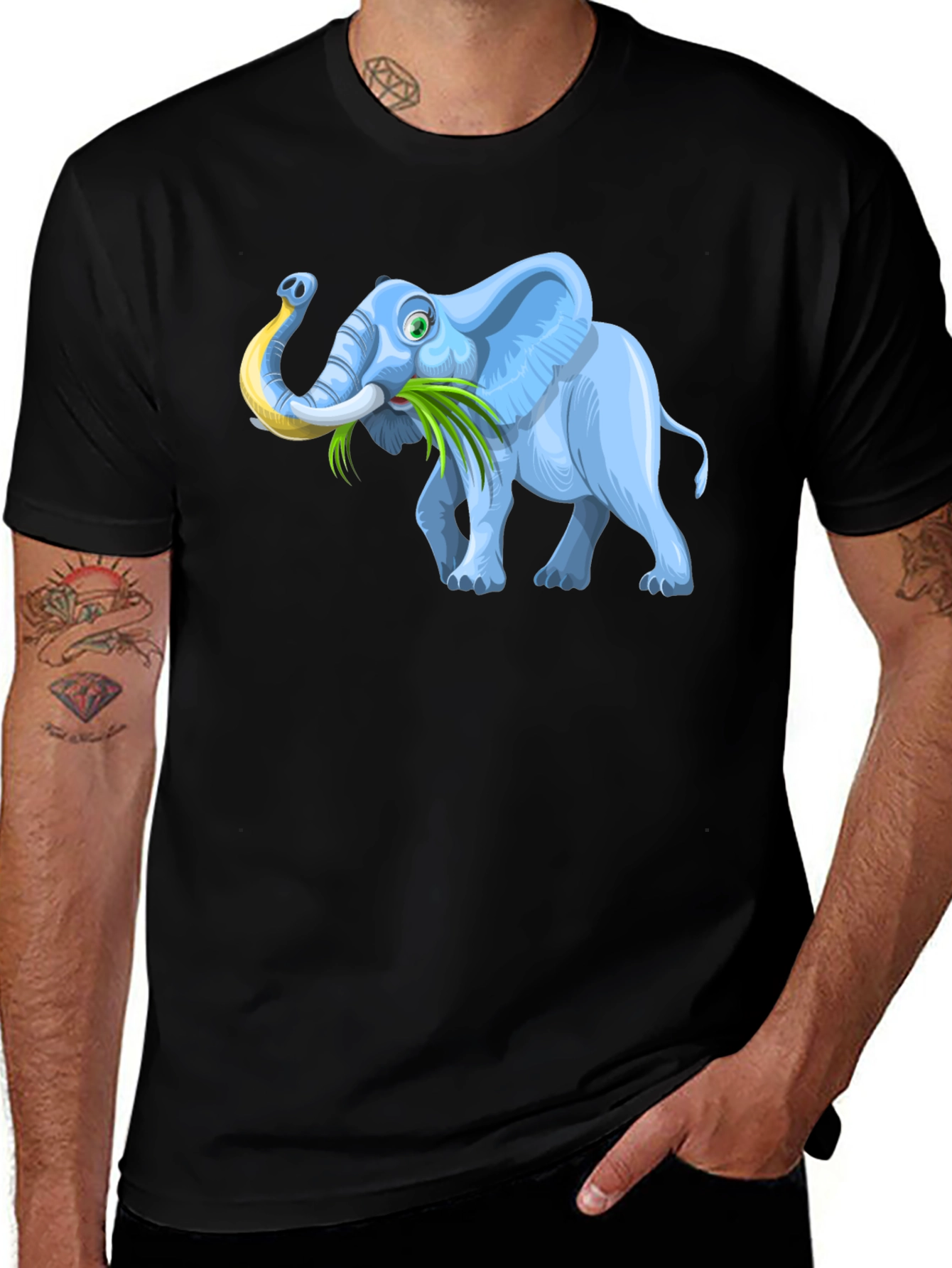 Cartoon Elephant Graphic Tee - Black Casual T-Shirt