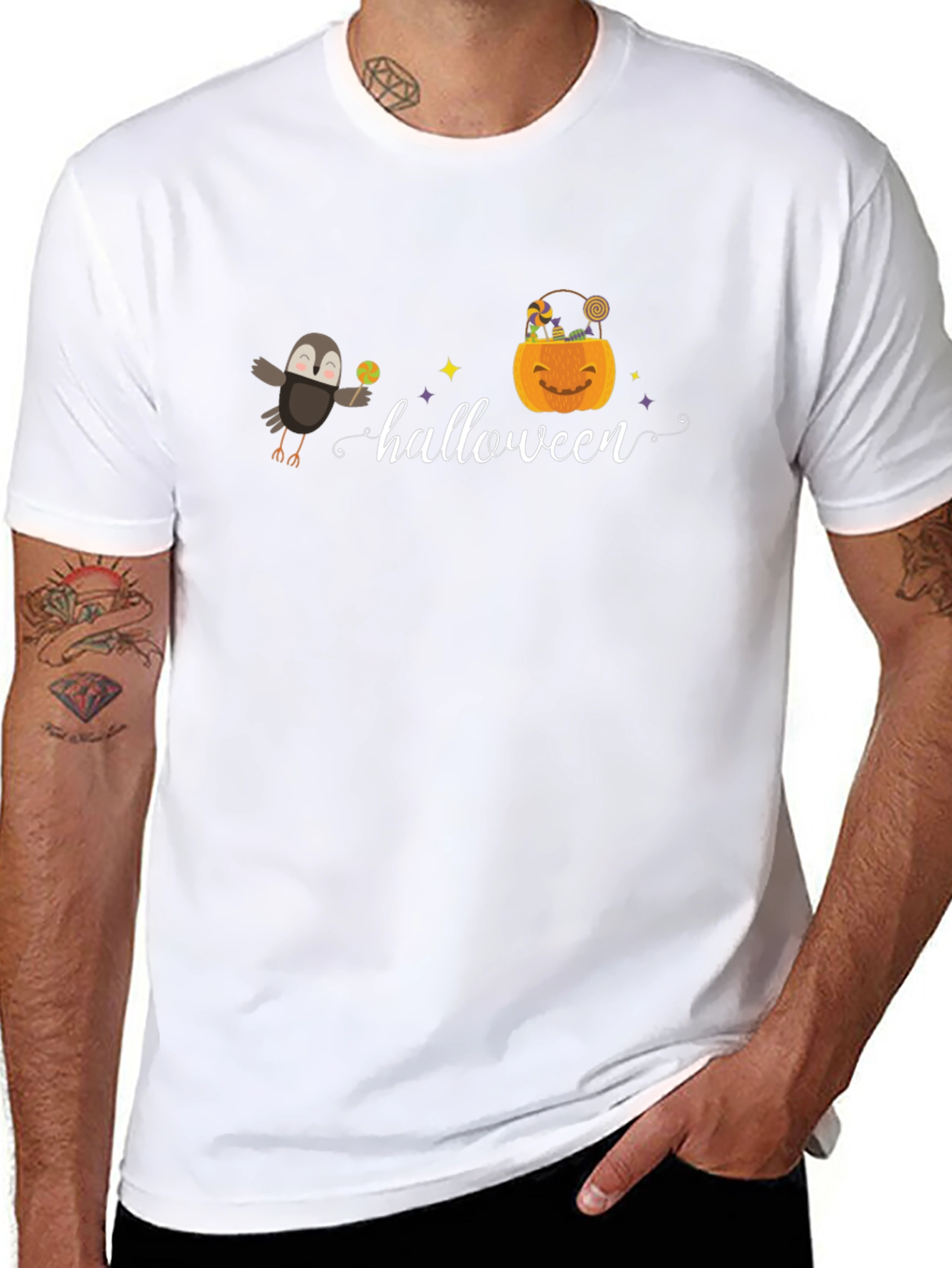 Halloween Graphic Tee - Crow & Pumpkin Design