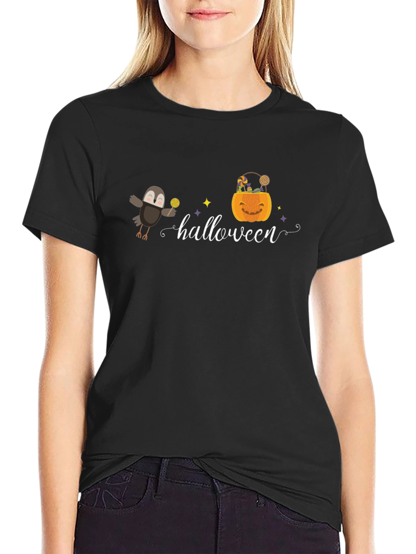 Halloween Graphic Tee - Crow & Pumpkin Design