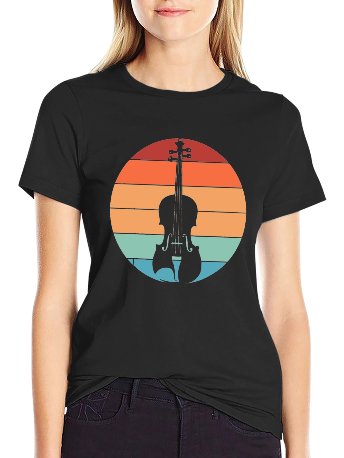 Retro Violin Sunset Graphic Tee - Musical Instrument T-Shirt