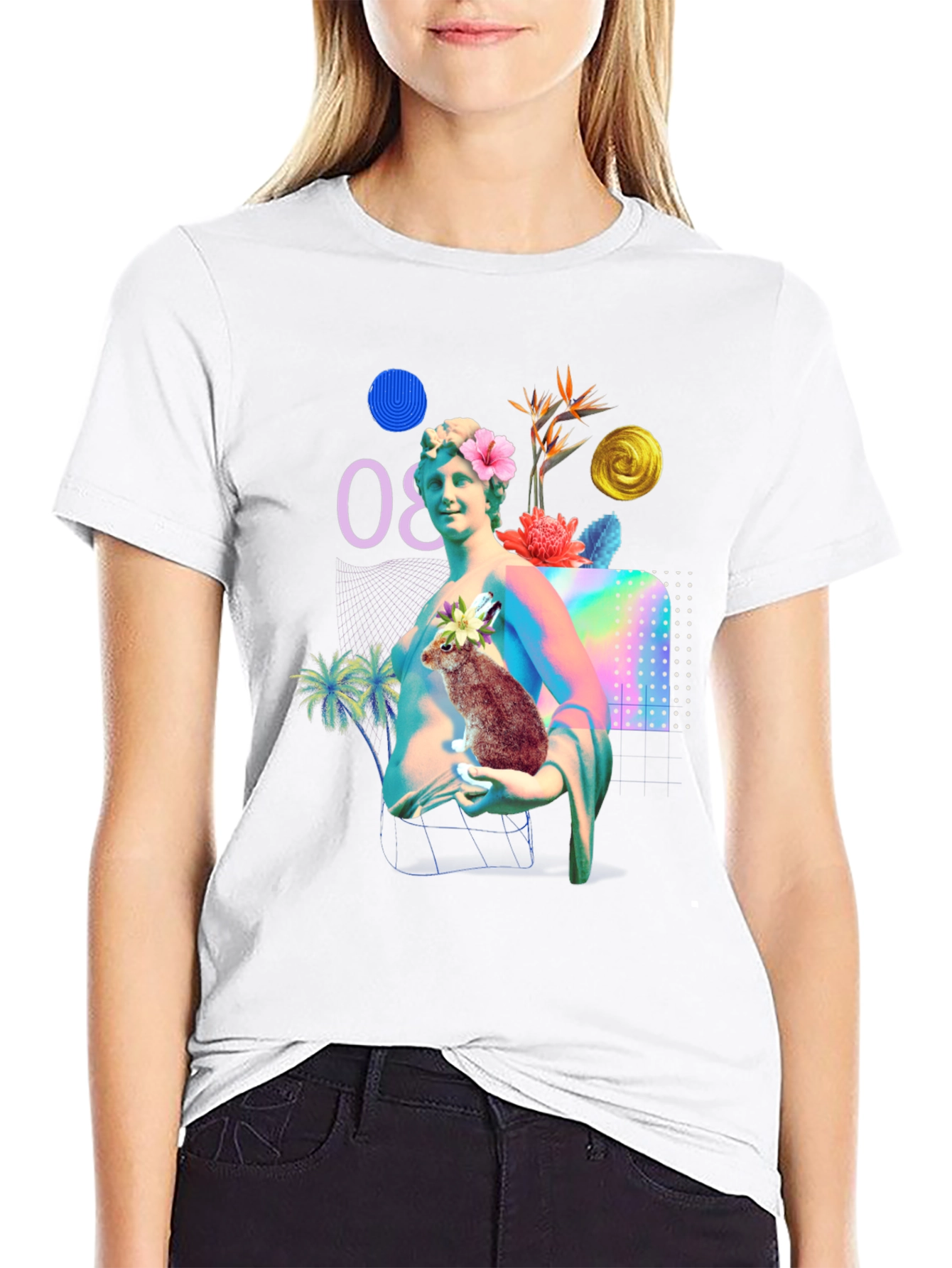 Statue & Rabbit Graphic T-Shirt - Unique Art Tee