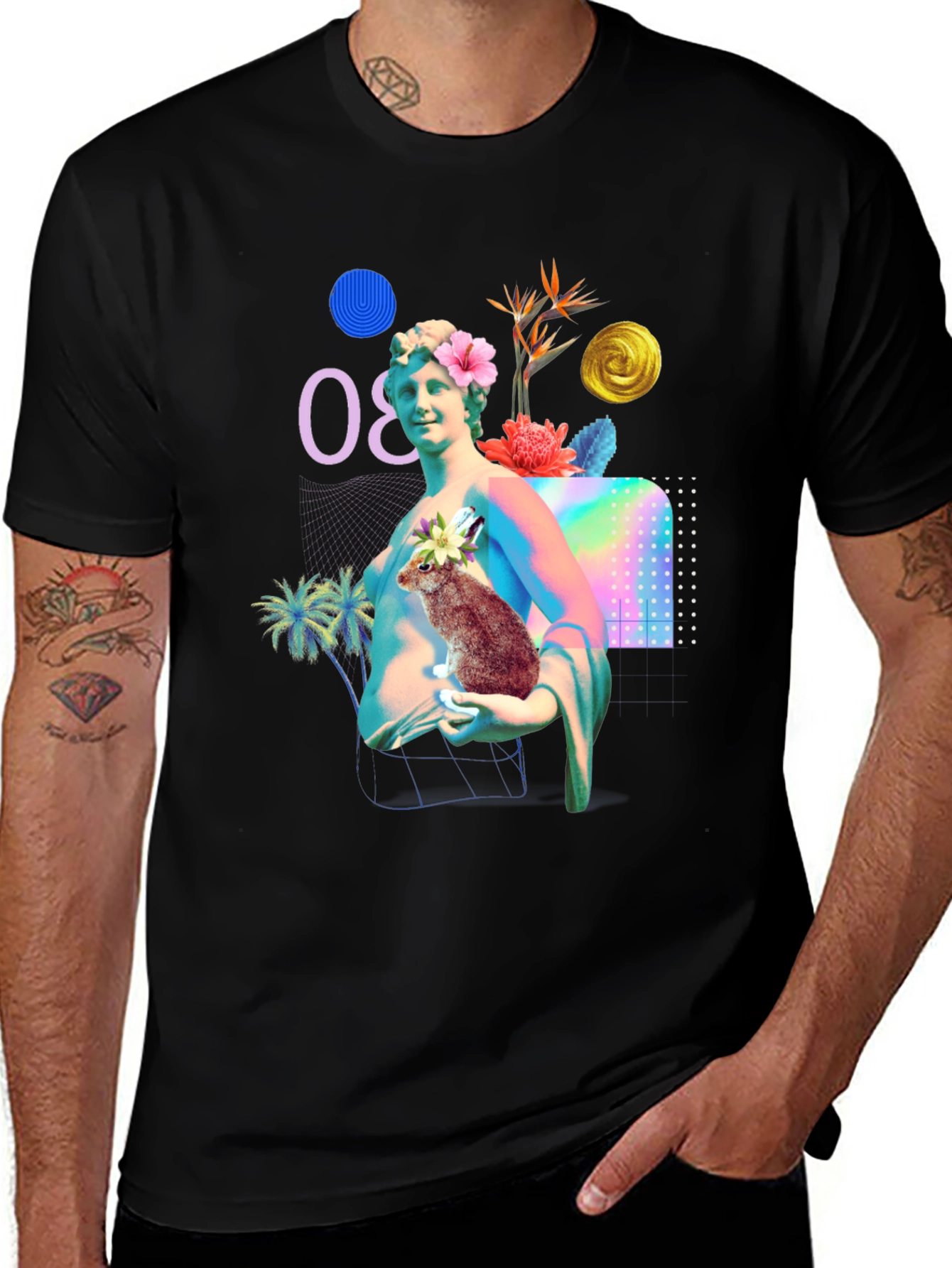Statue & Rabbit Graphic T-Shirt - Unique Art Tee