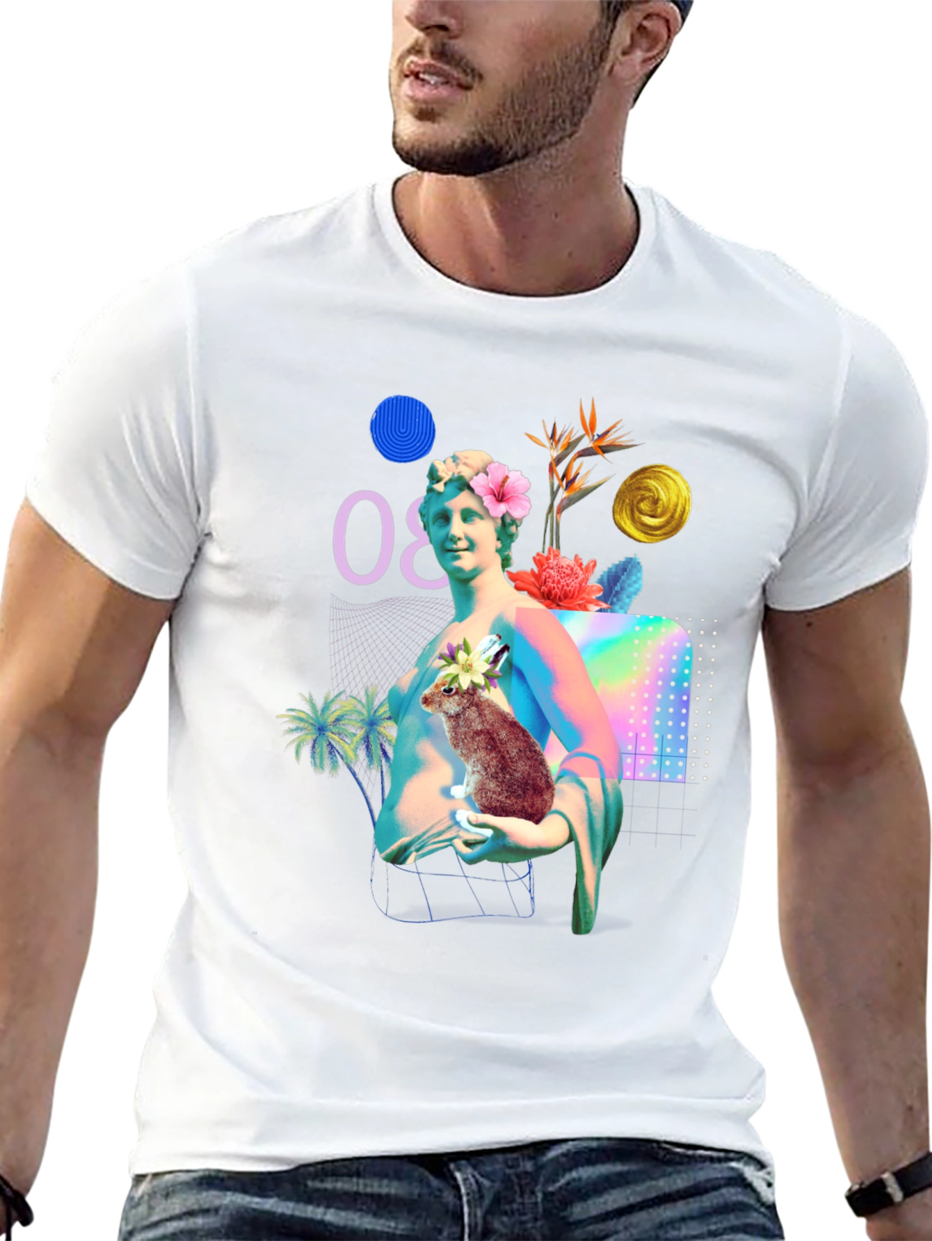 Statue & Rabbit Graphic T-Shirt - Unique Art Tee