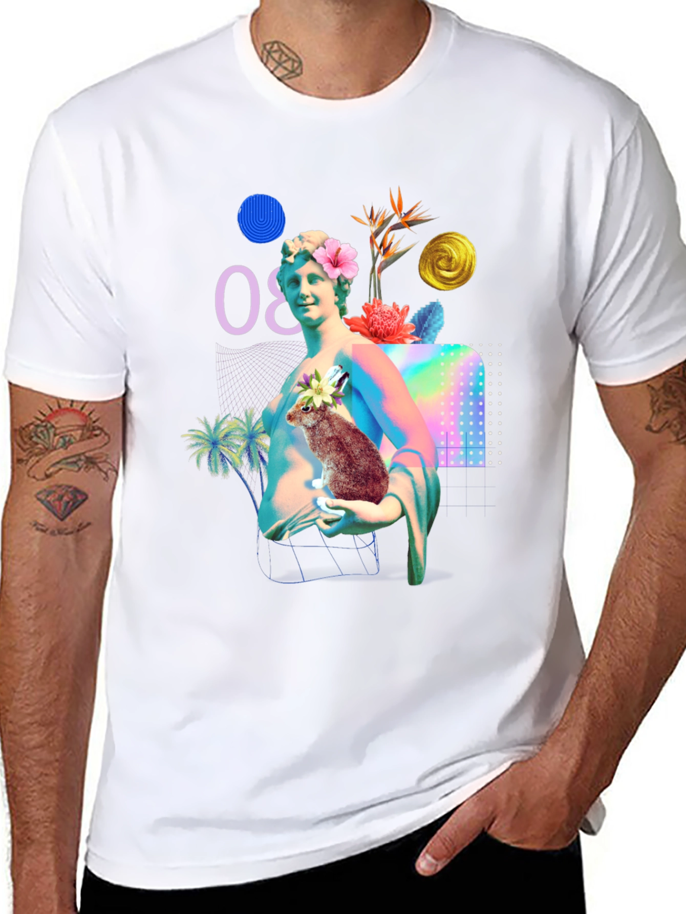 Statue & Rabbit Graphic T-Shirt - Unique Art Tee