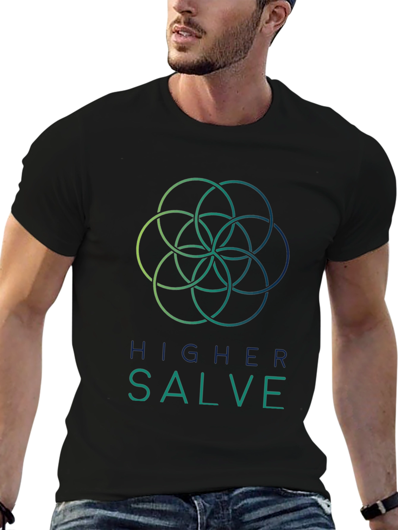 Higher Salve Black T-Shirt with Geometric Design