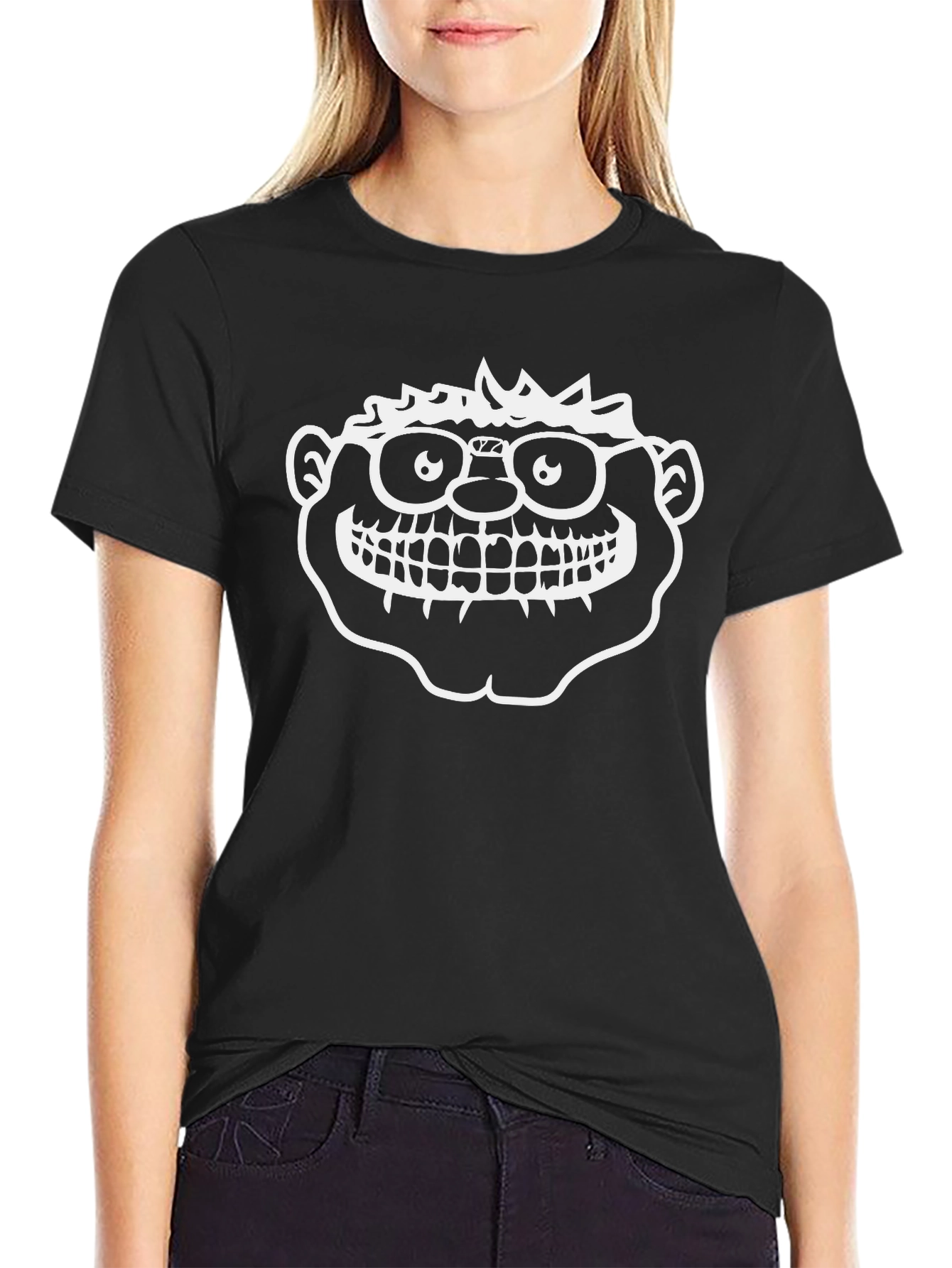 Cartoon Face Graphic Tee - Black Cotton Casual Shirt