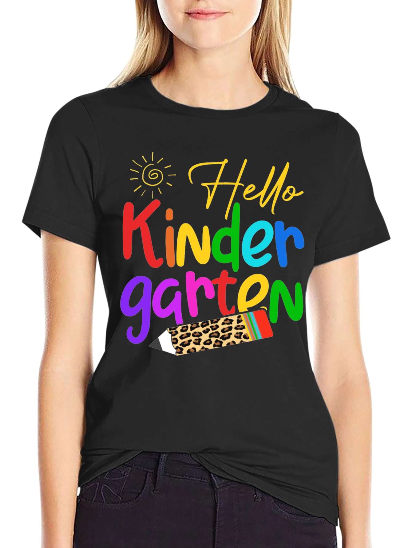 Hello Kindergarten T-Shirt - Leopard Print Pencil