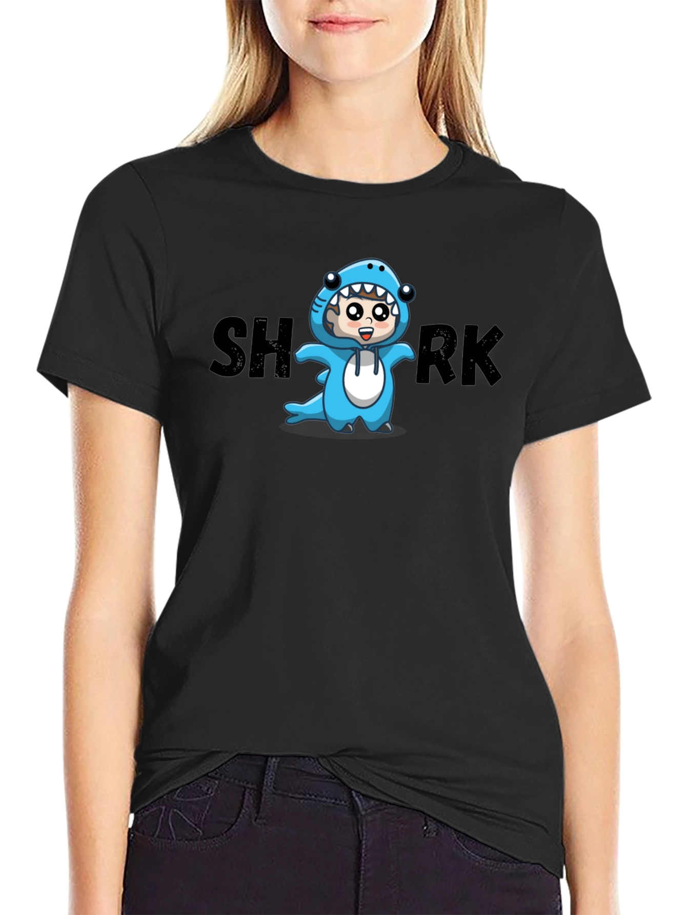 Cartoon Shark Graphic Tee - Black Cotton Blend