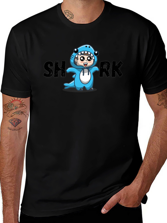 Cartoon Shark Graphic Tee - Black Cotton Blend