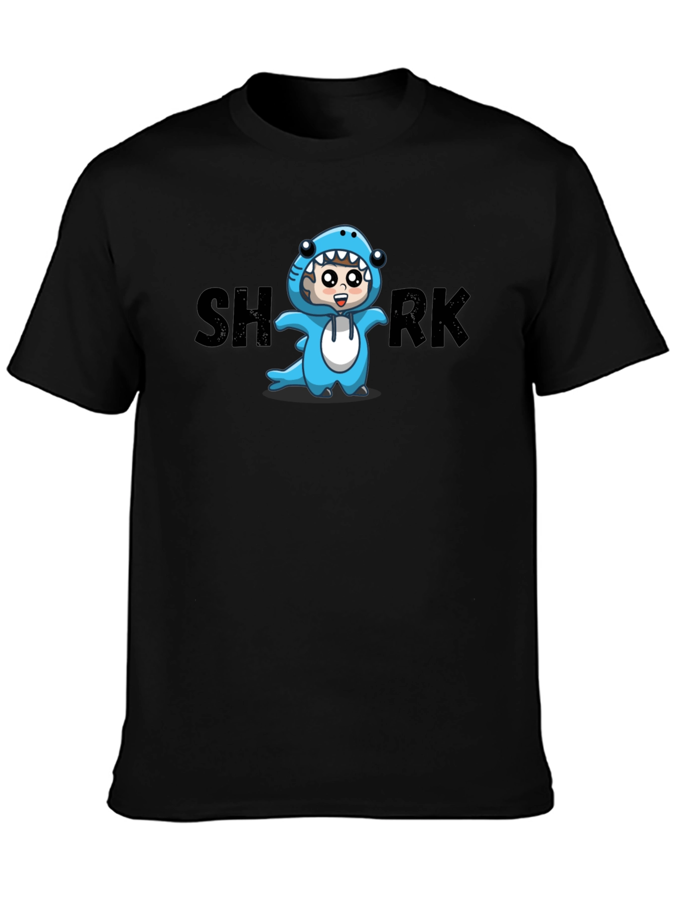 Cartoon Shark Graphic Tee - Black Cotton Blend