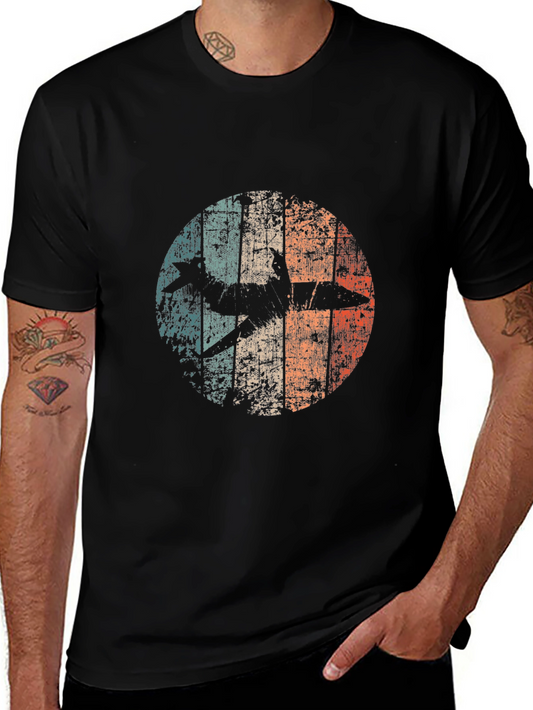Retro Airplane Graphic Tee - Black Cotton Blend