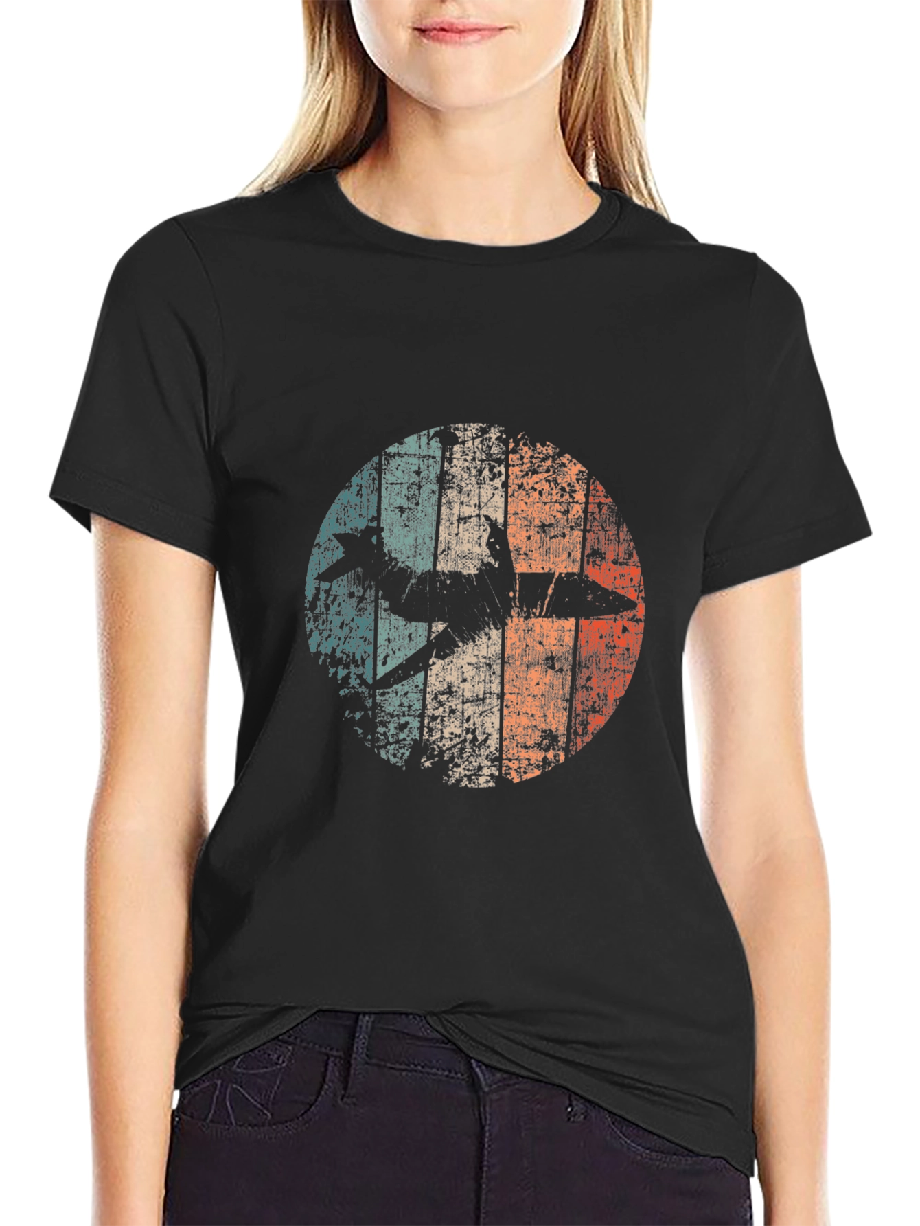 Retro Airplane Graphic Tee - Black Cotton Blend