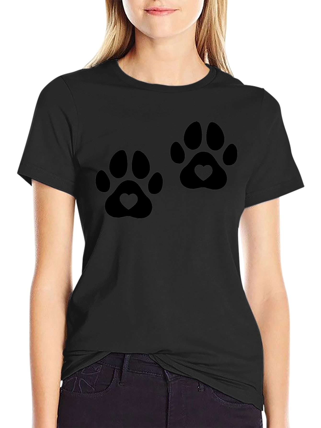 Heart Paw Print Graphic Black T-Shirt