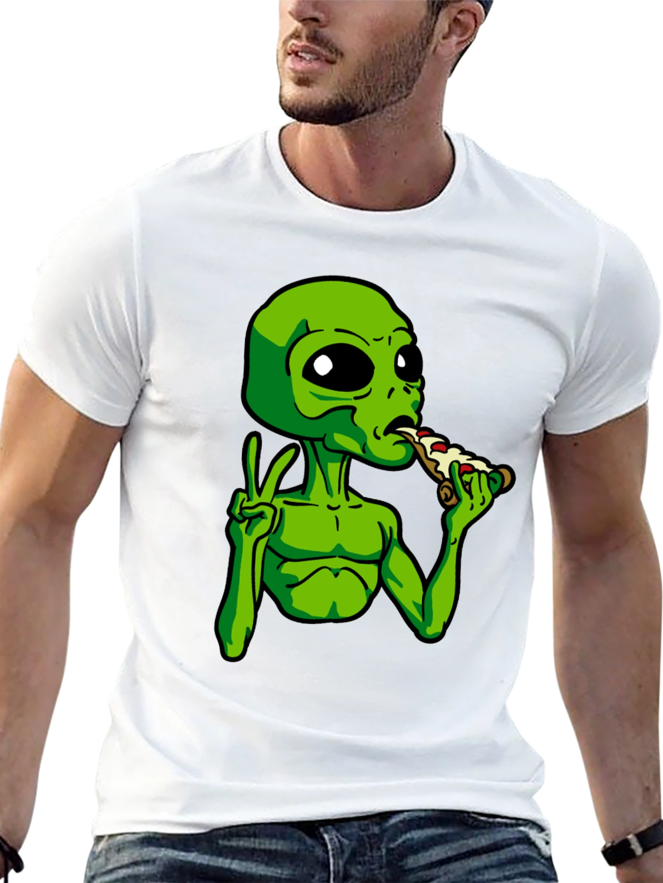 Alien Peace Pizza Graphic T-Shirt